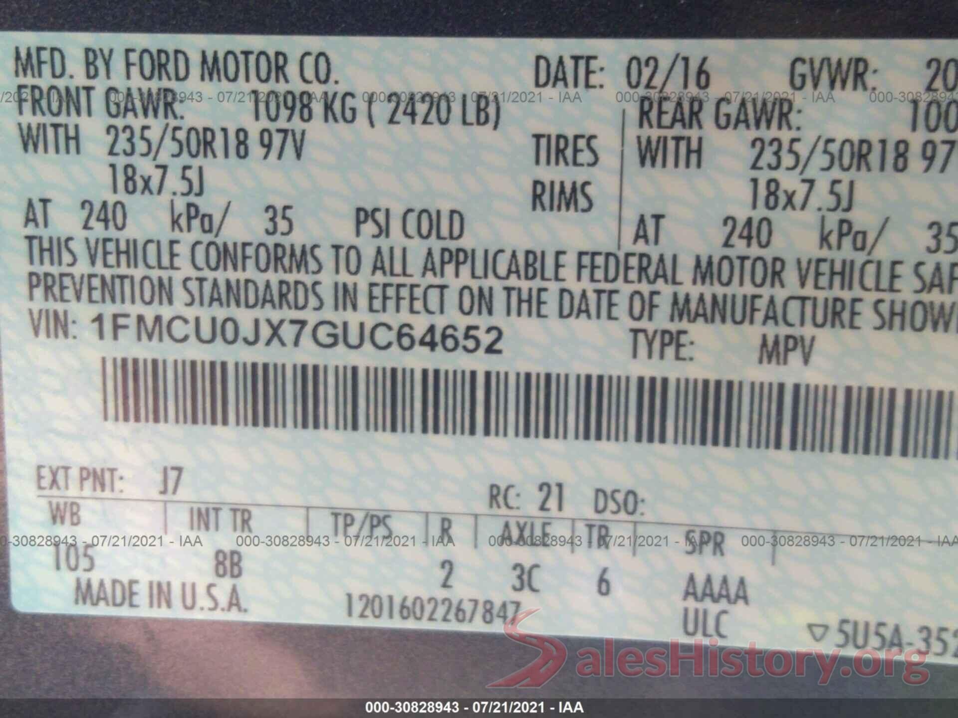 1FMCU0JX7GUC64652 2016 FORD ESCAPE