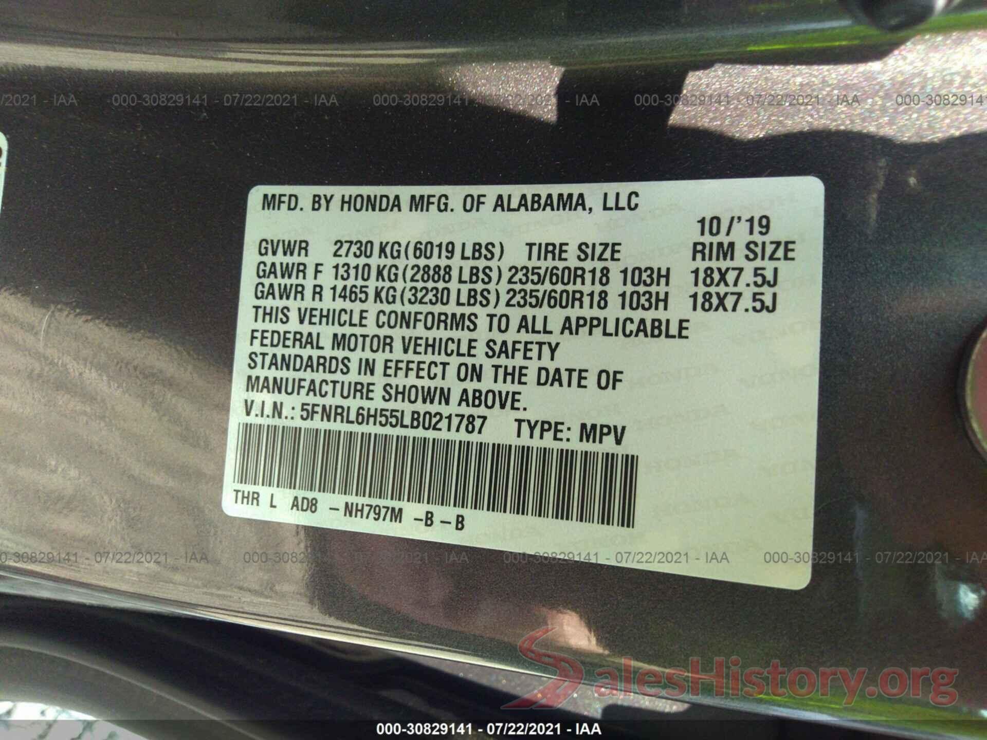 5FNRL6H55LB021787 2020 HONDA ODYSSEY