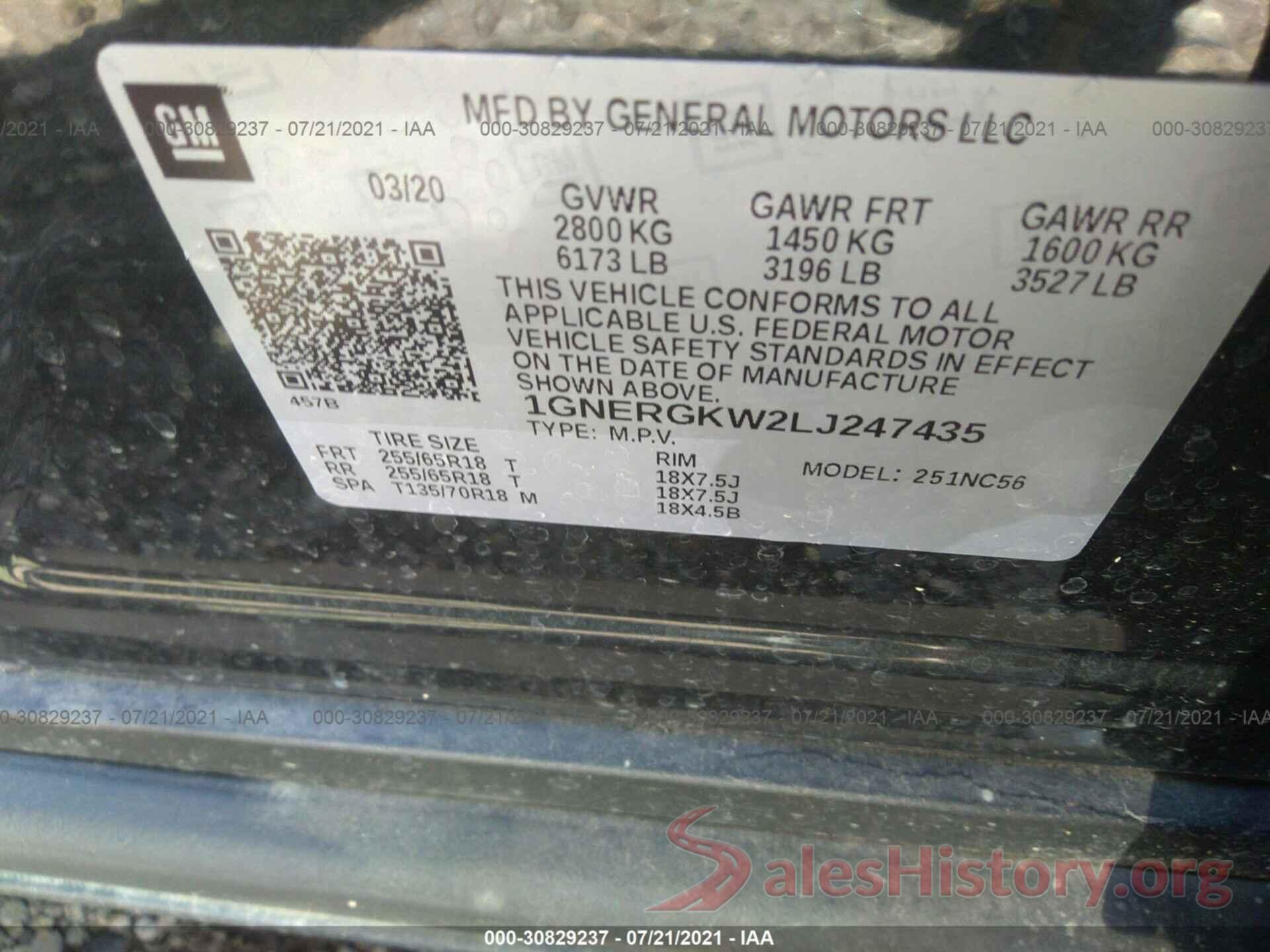 1GNERGKW2LJ247435 2020 CHEVROLET TRAVERSE