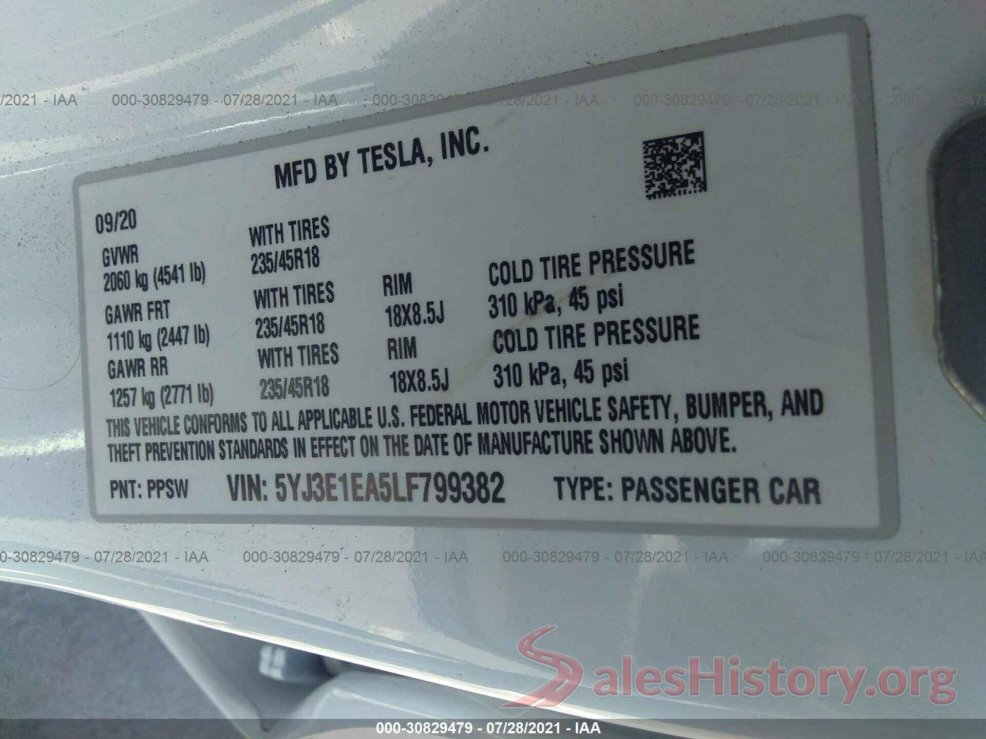 5YJ3E1EA5LF799382 2020 TESLA MODEL 3