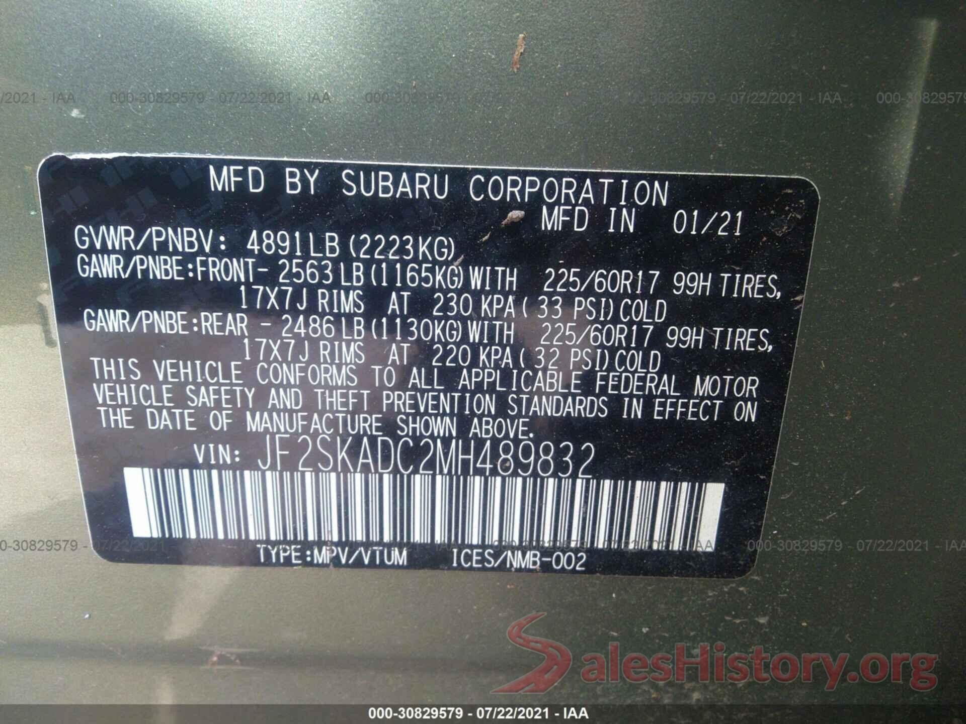 JF2SKADC2MH489832 2021 SUBARU FORESTER