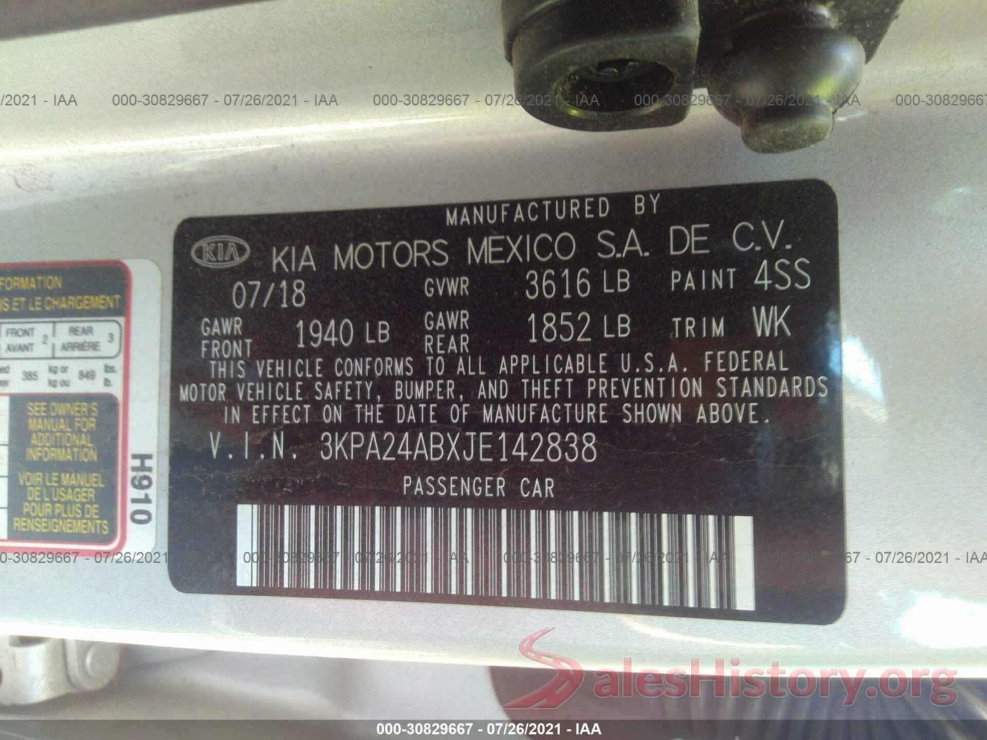 3KPA24ABXJE142838 2018 KIA RIO