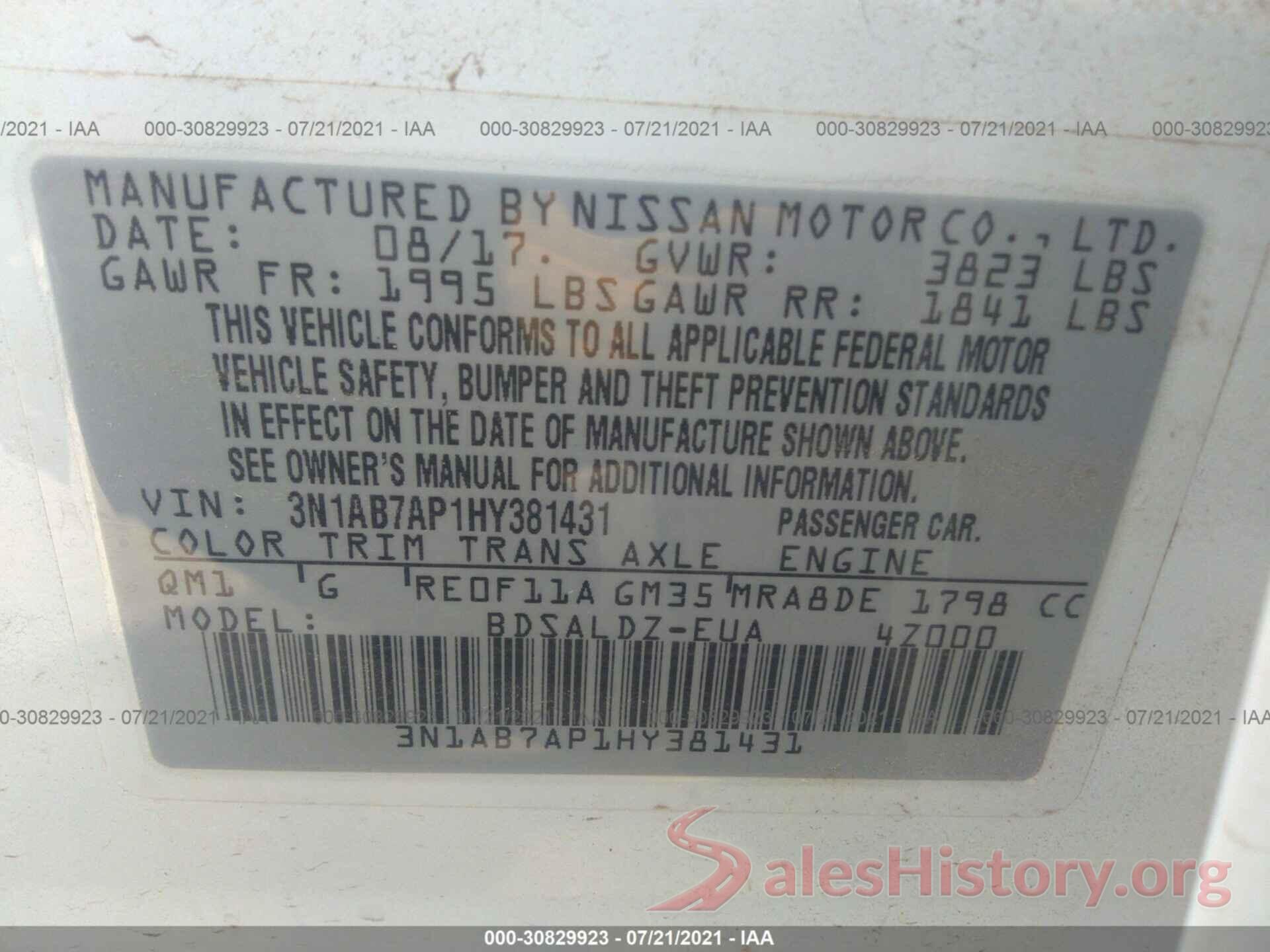 3N1AB7AP1HY381431 2017 NISSAN SENTRA