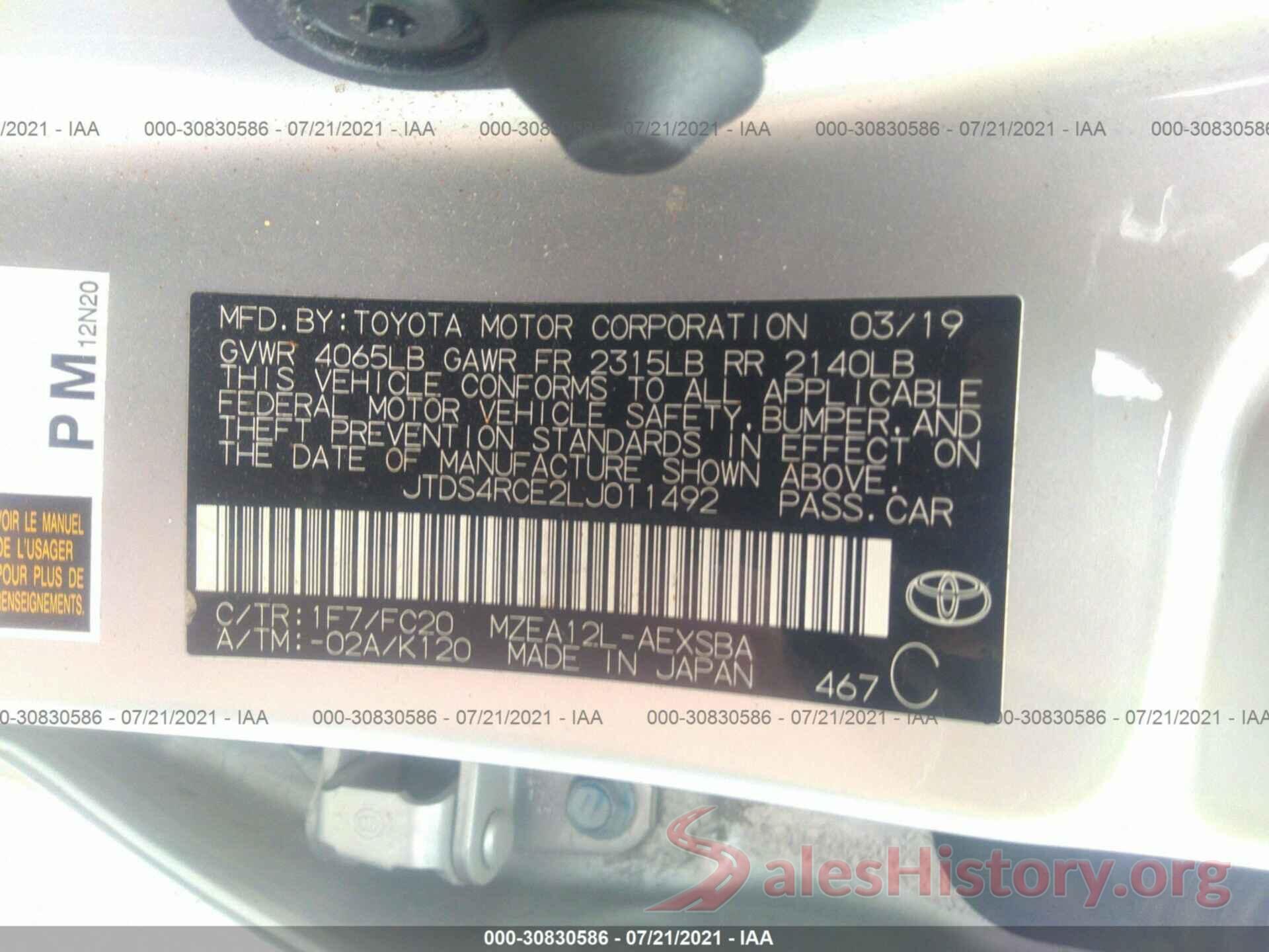 JTDS4RCE2LJ011492 2020 TOYOTA COROLLA