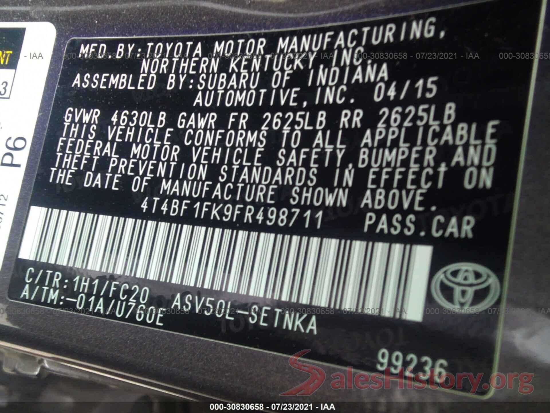 4T4BF1FK9FR498711 2015 TOYOTA CAMRY