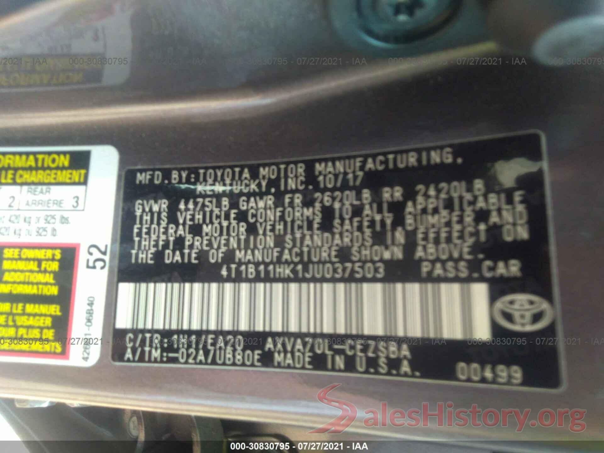 4T1B11HK1JU037503 2018 TOYOTA CAMRY