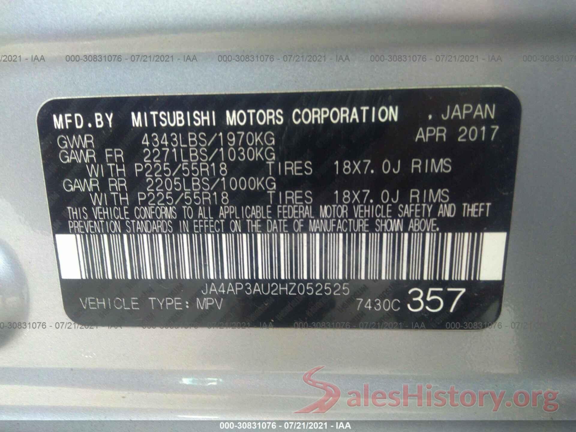 JA4AP3AU2HZ052525 2017 MITSUBISHI OUTLANDER SPORT