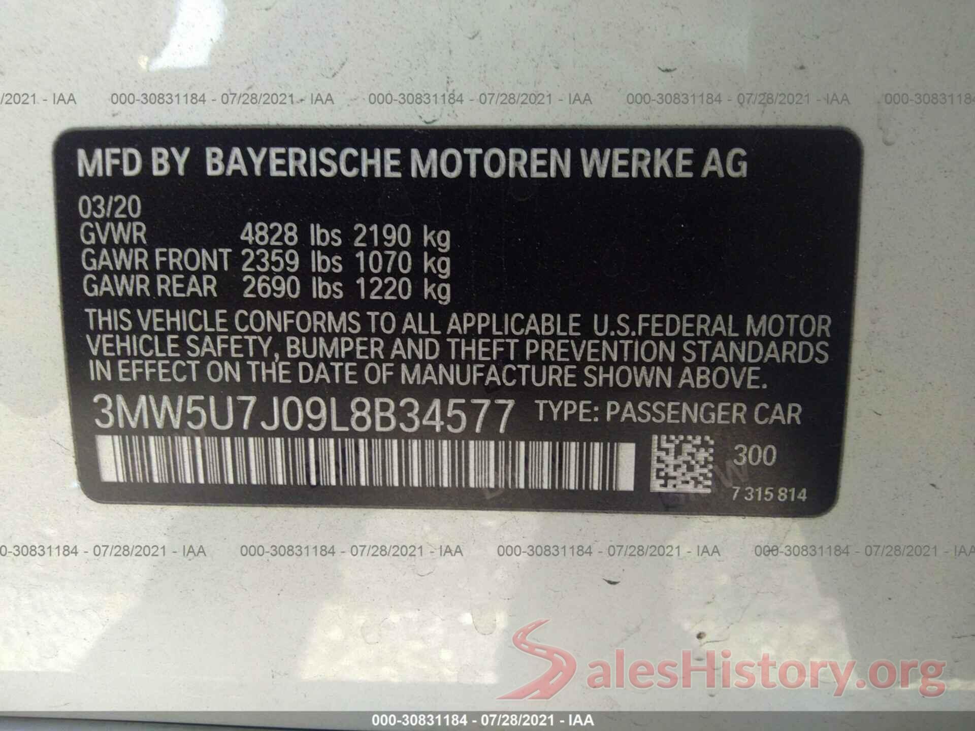 3MW5U7J09L8B34577 2020 BMW 3 SERIES