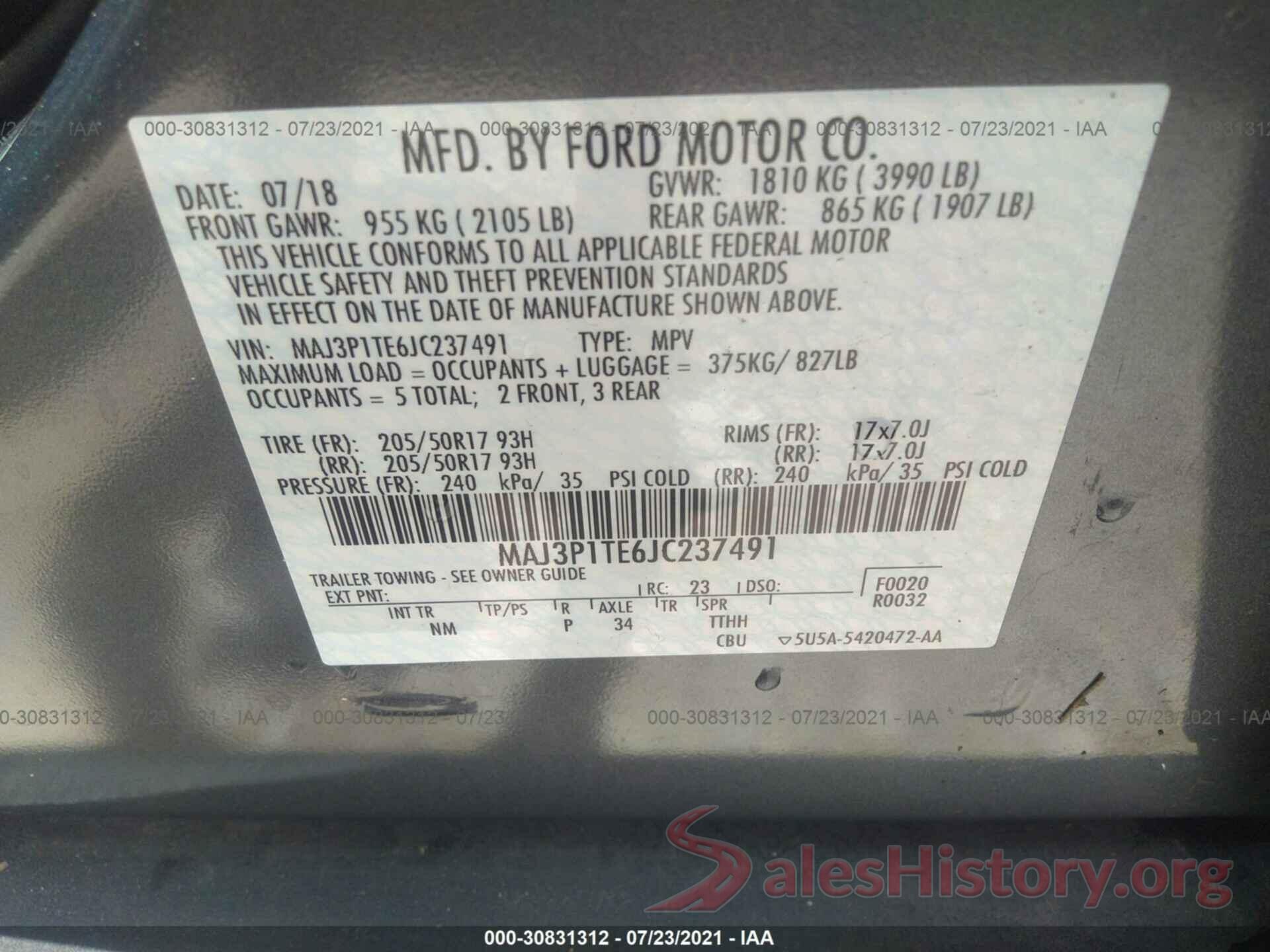 MAJ3P1TE6JC237491 2018 FORD ECOSPORT