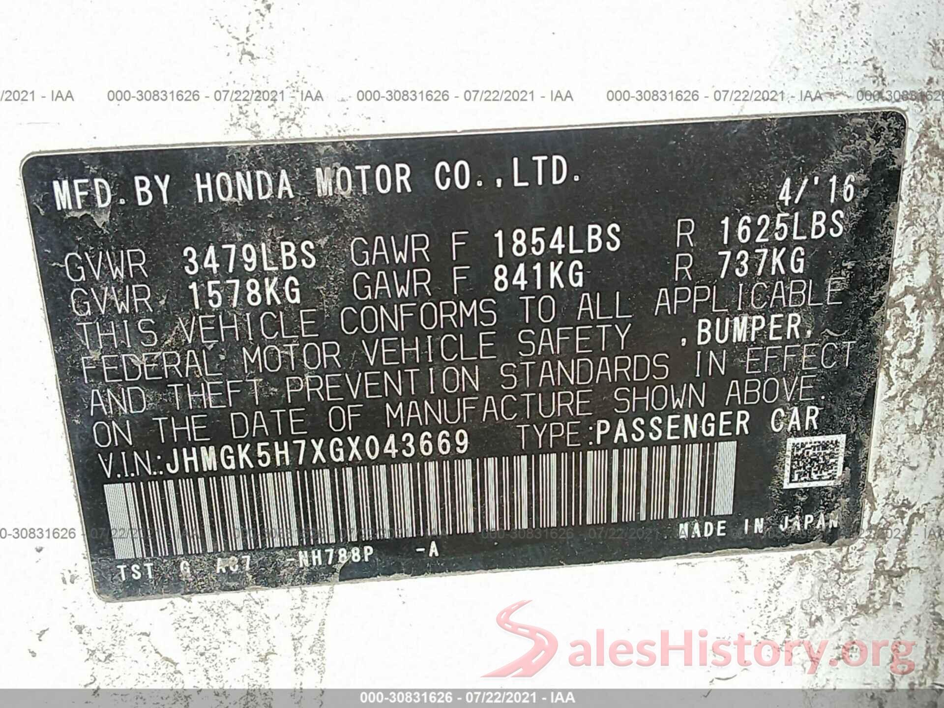 JHMGK5H7XGX043669 2016 HONDA FIT