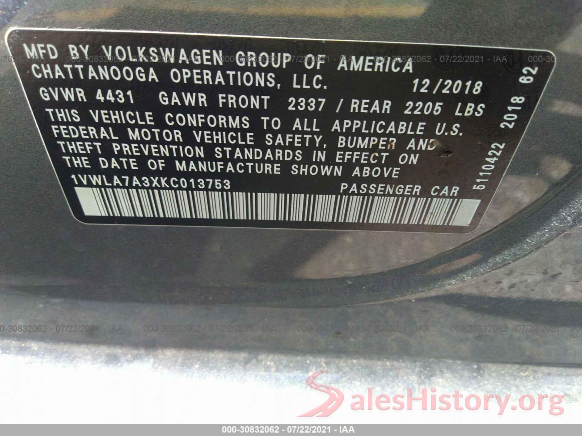 1VWLA7A3XKC013753 2019 VOLKSWAGEN PASSAT