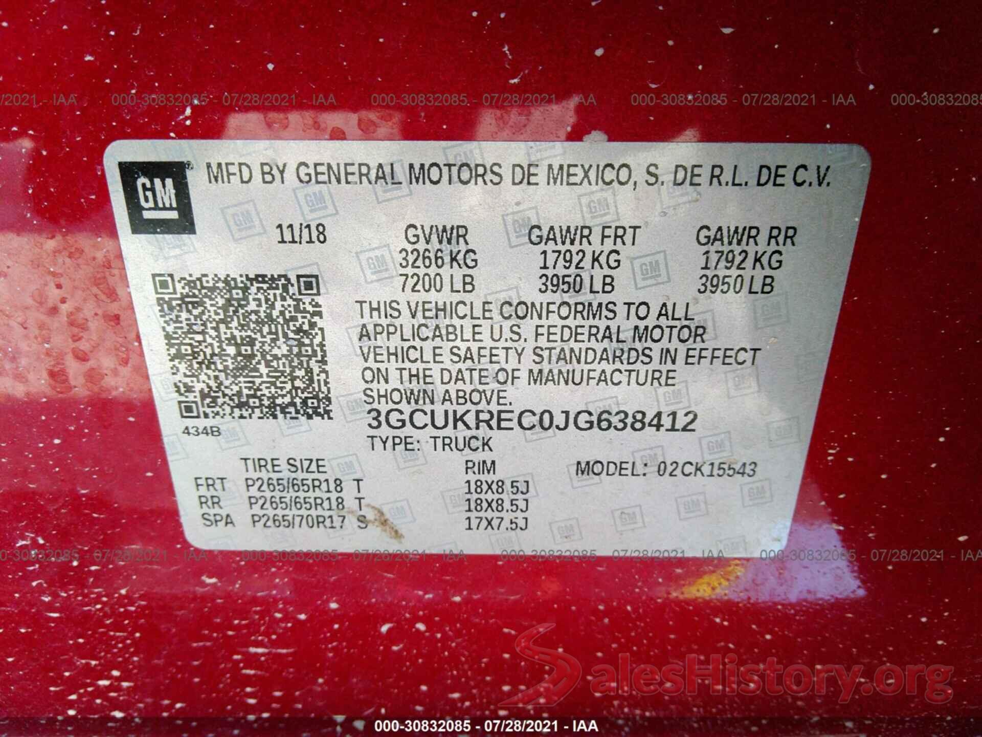 3GCUKREC0JG638412 2018 CHEVROLET SILVERADO 1500