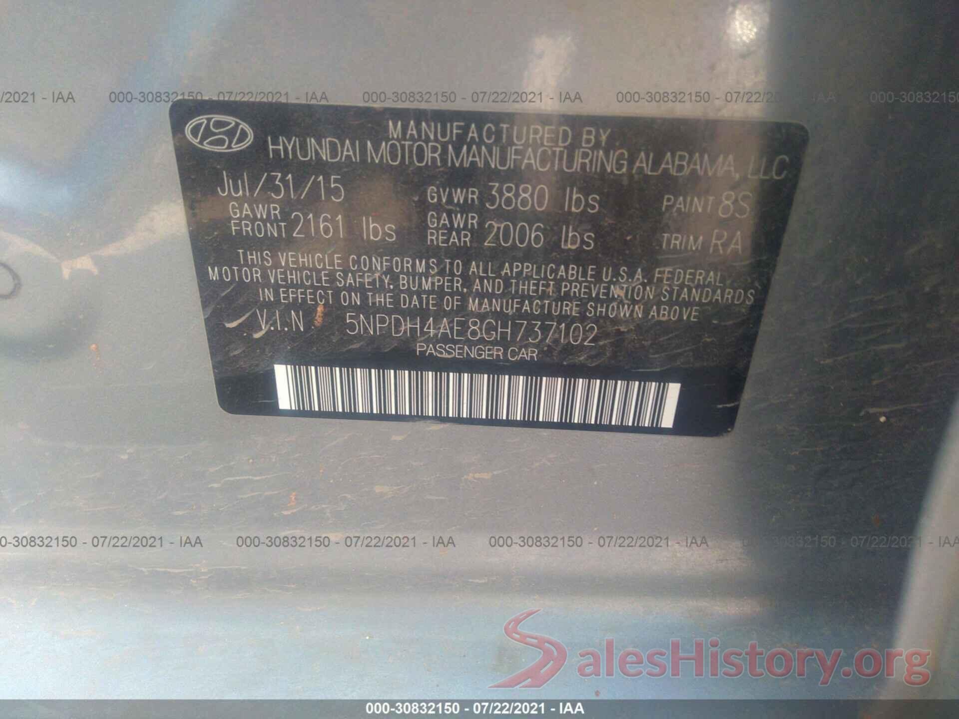 5NPDH4AE8GH737102 2016 HYUNDAI ELANTRA