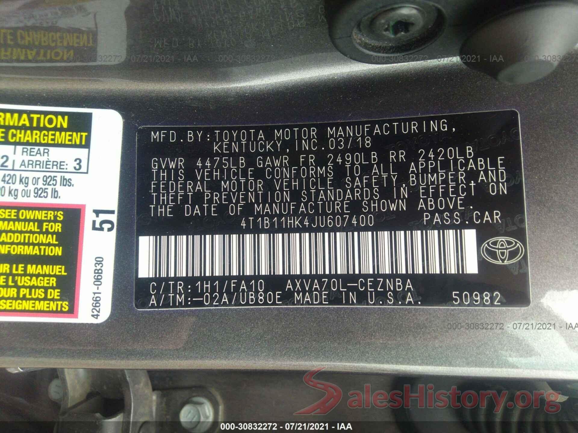 4T1B11HK4JU607400 2018 TOYOTA CAMRY