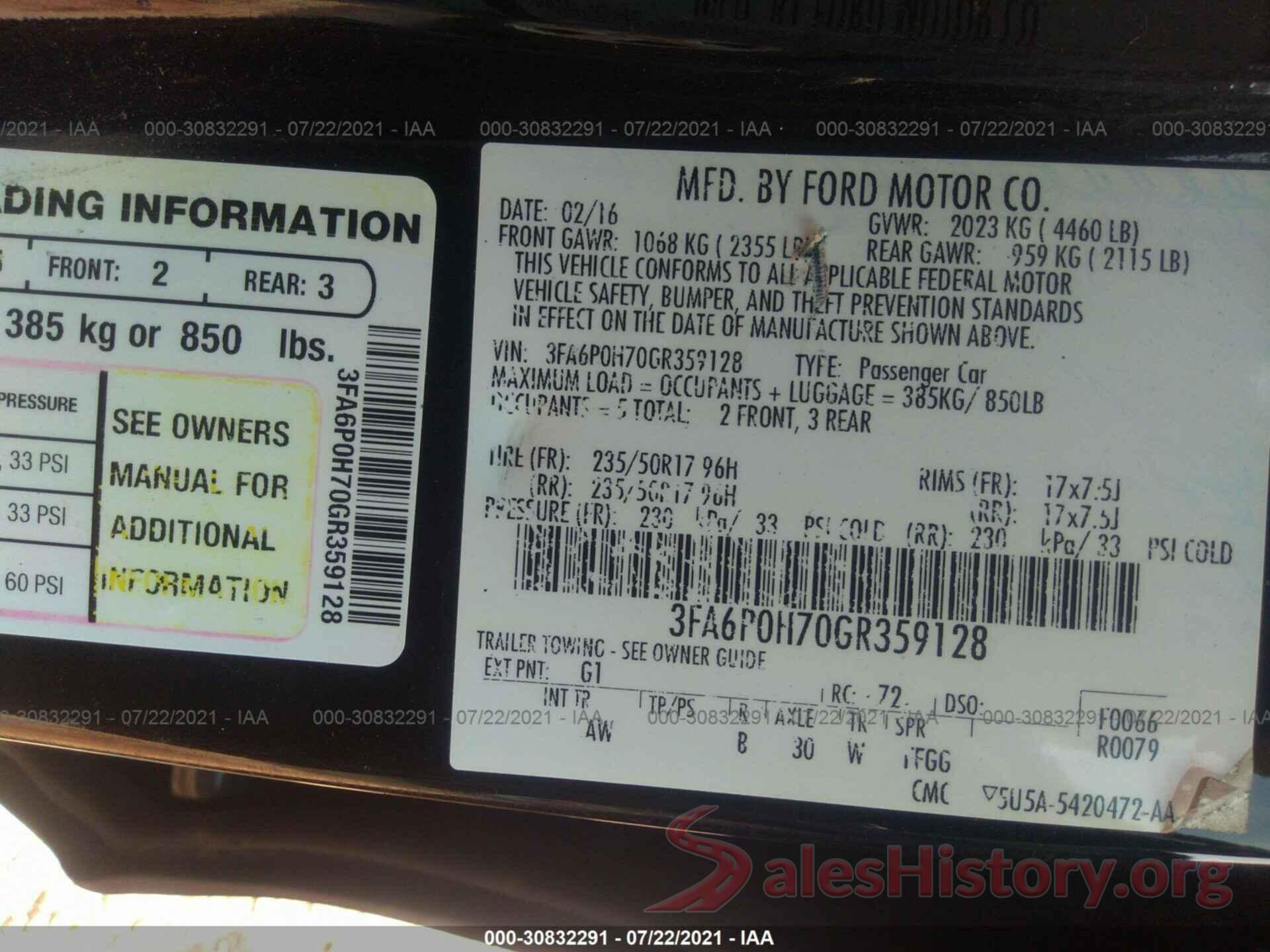 3FA6P0H70GR359128 2016 FORD FUSION