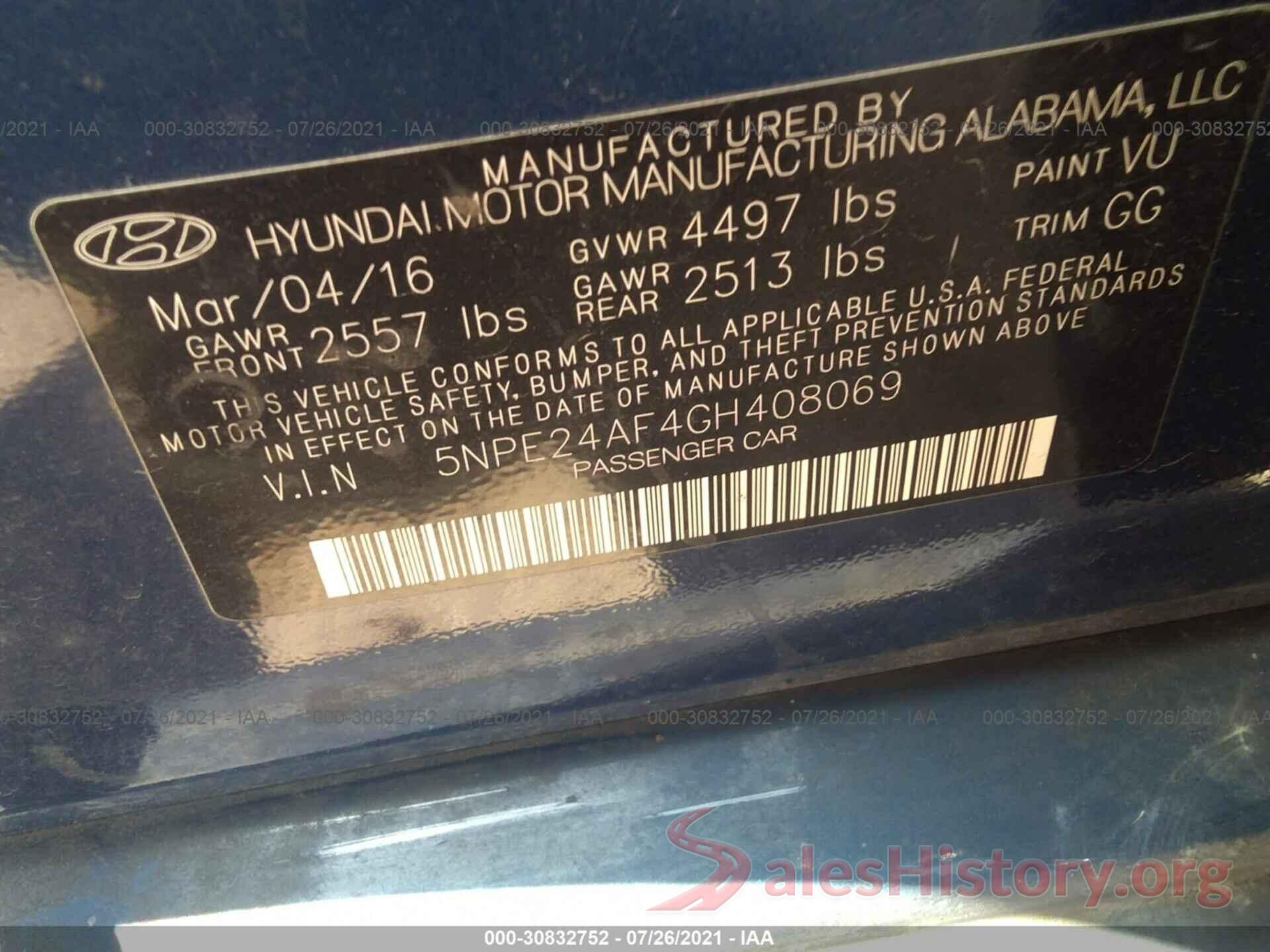 5NPE24AF4GH408069 2016 HYUNDAI SONATA