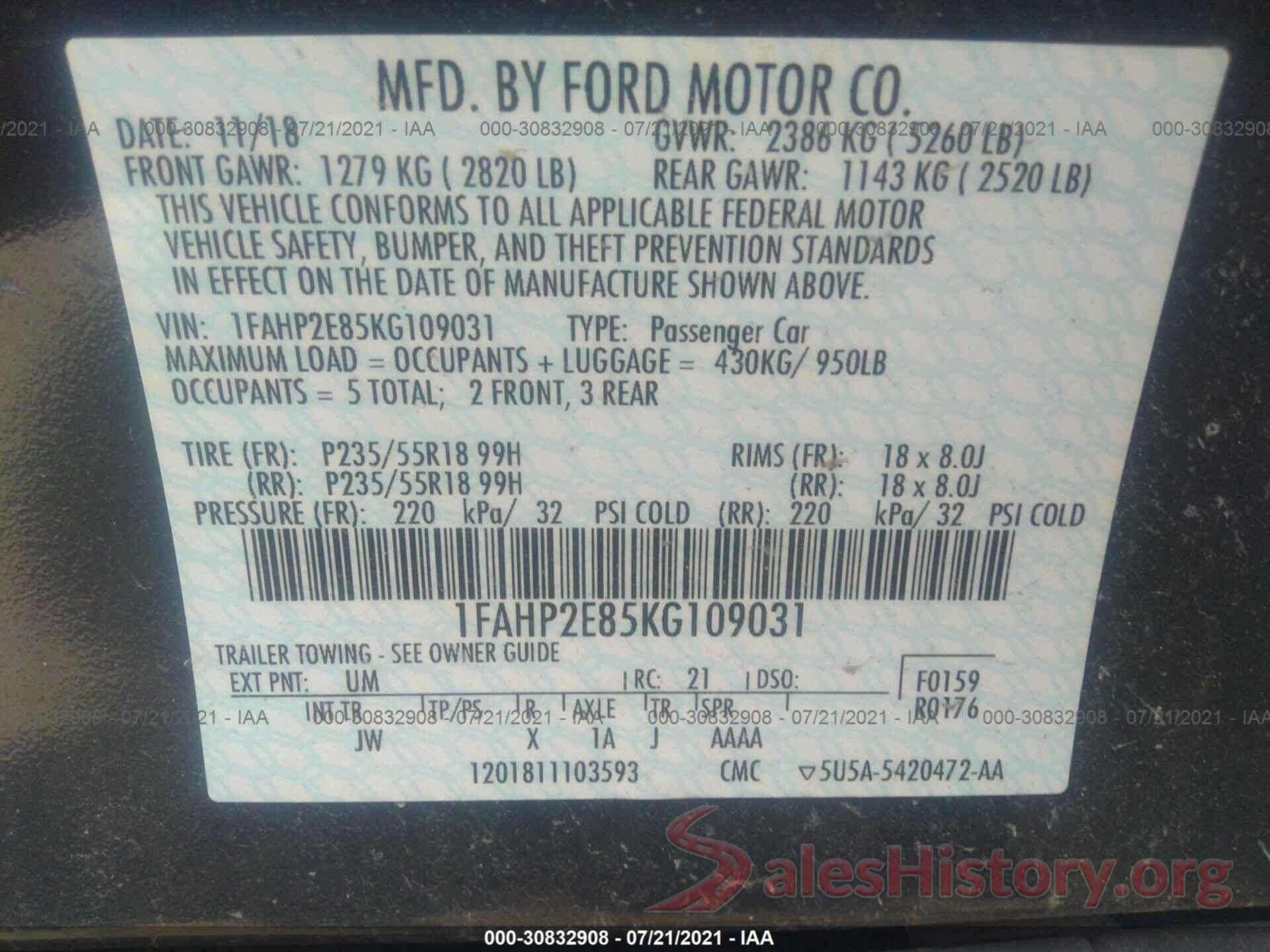 1FAHP2E85KG109031 2019 FORD TAURUS