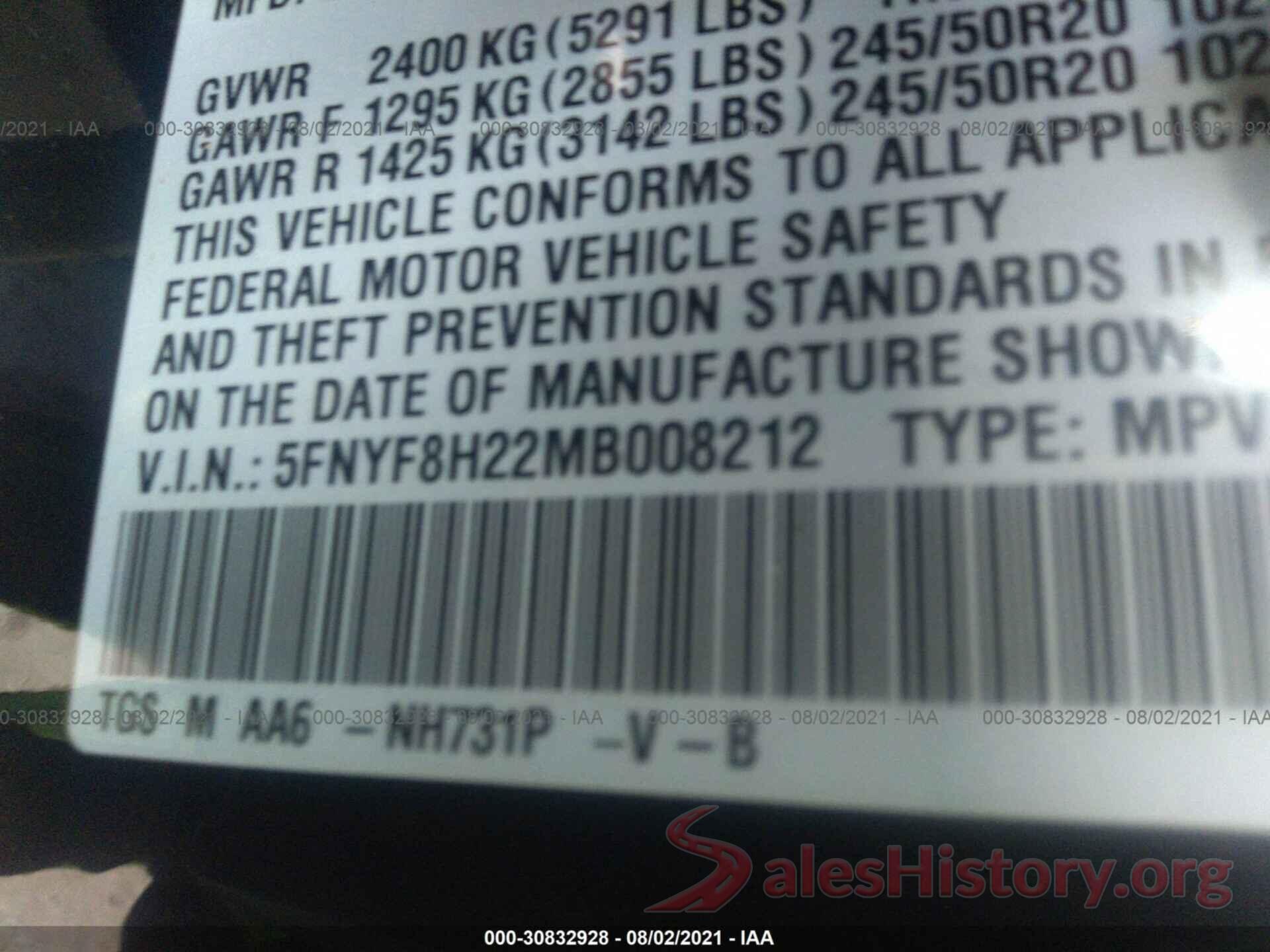 5FNYF8H22MB008212 2021 HONDA PASSPORT