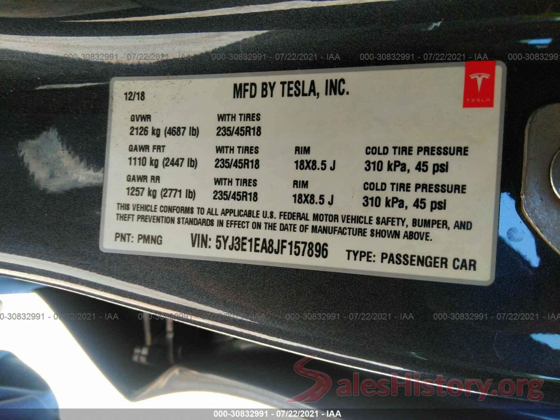 5YJ3E1EA8JF157896 2018 TESLA MODEL 3