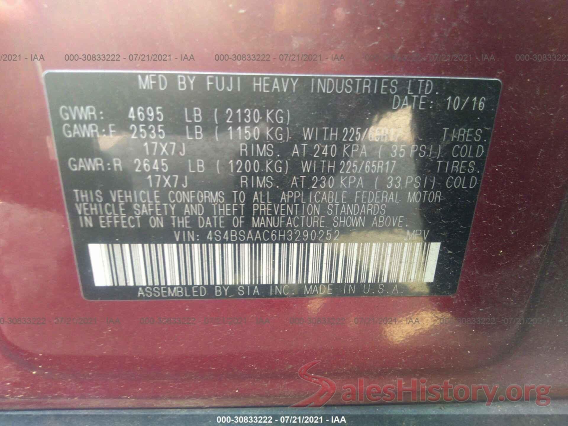 4S4BSAAC6H3290252 2017 SUBARU OUTBACK