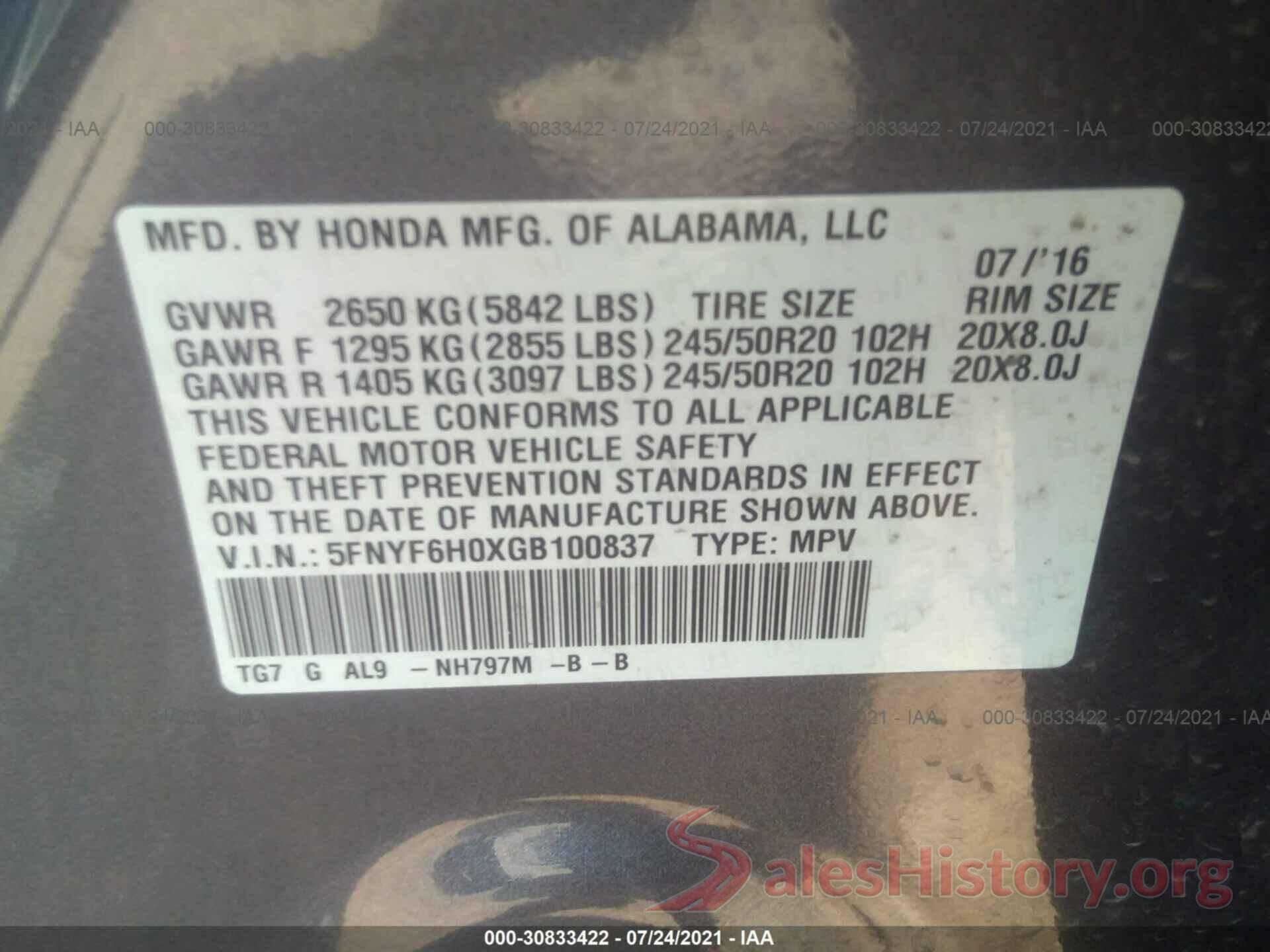 5FNYF6H0XGB100837 2016 HONDA PILOT