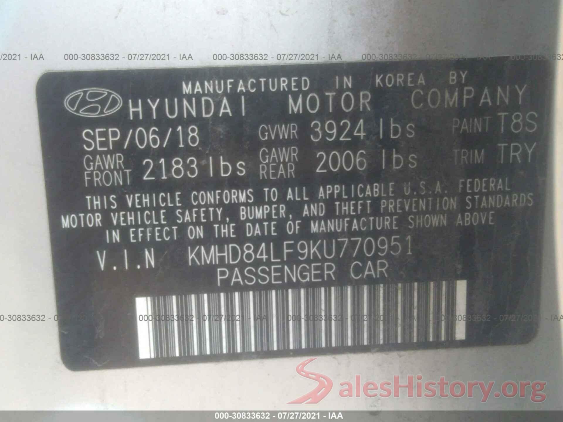 KMHD84LF9KU770951 2019 HYUNDAI ELANTRA