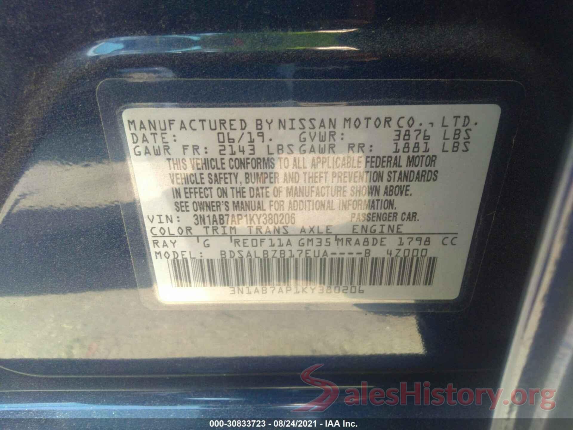 3N1AB7AP1KY380206 2019 NISSAN SENTRA