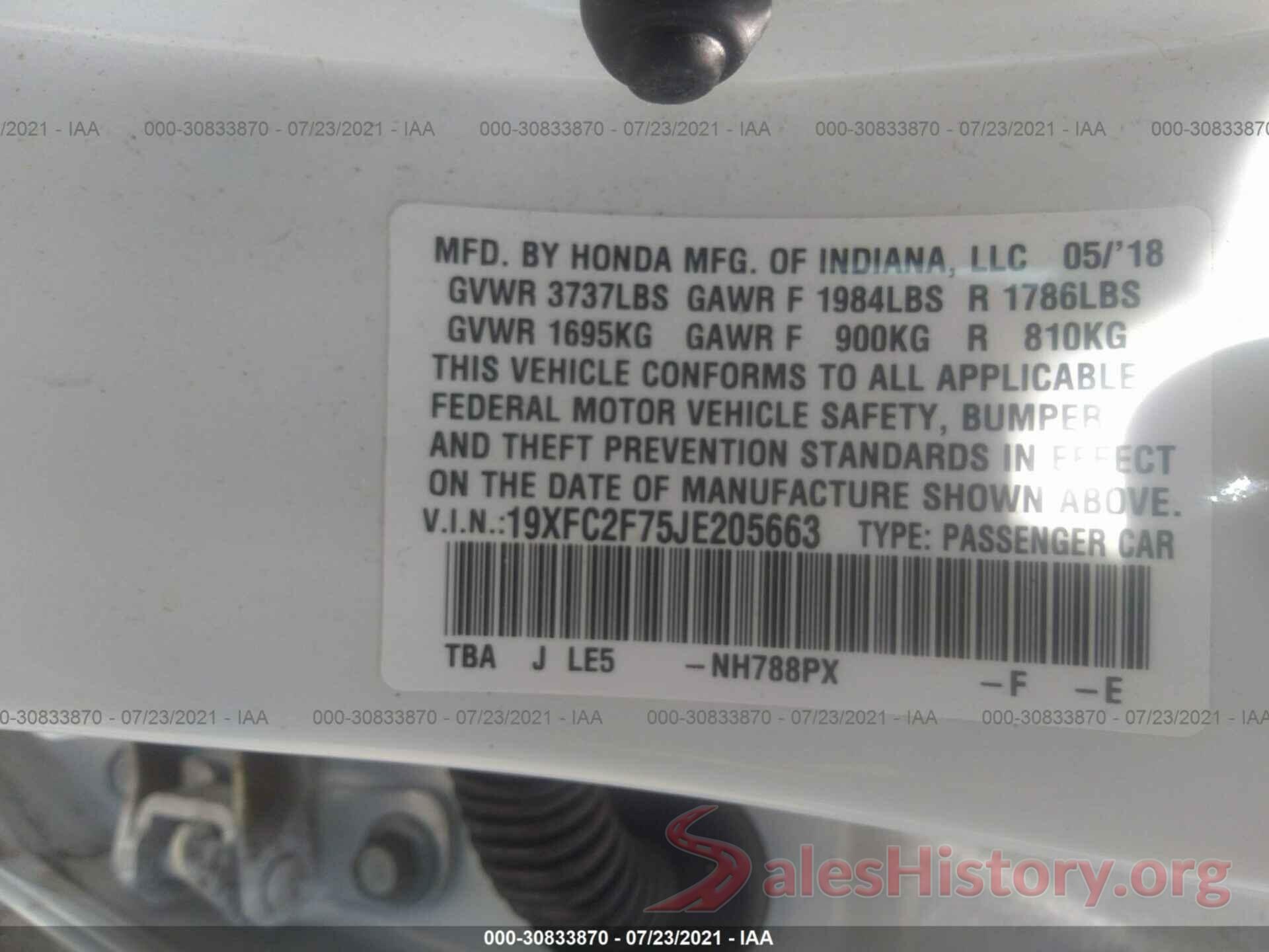 19XFC2F75JE205663 2018 HONDA CIVIC SEDAN