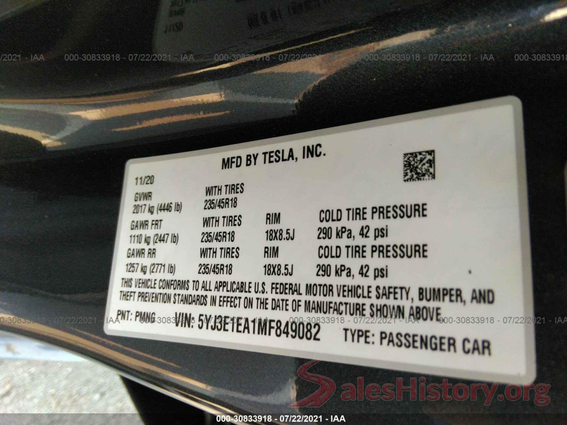 5YJ3E1EA1MF849082 2021 TESLA MODEL 3