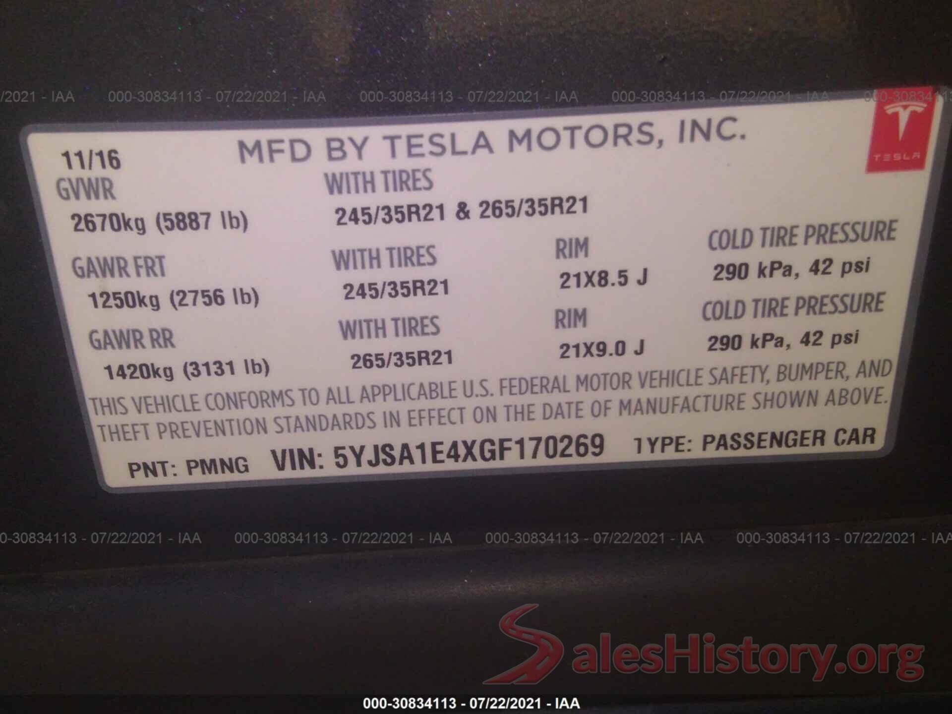 5YJSA1E4XGF170269 2016 TESLA MODEL S