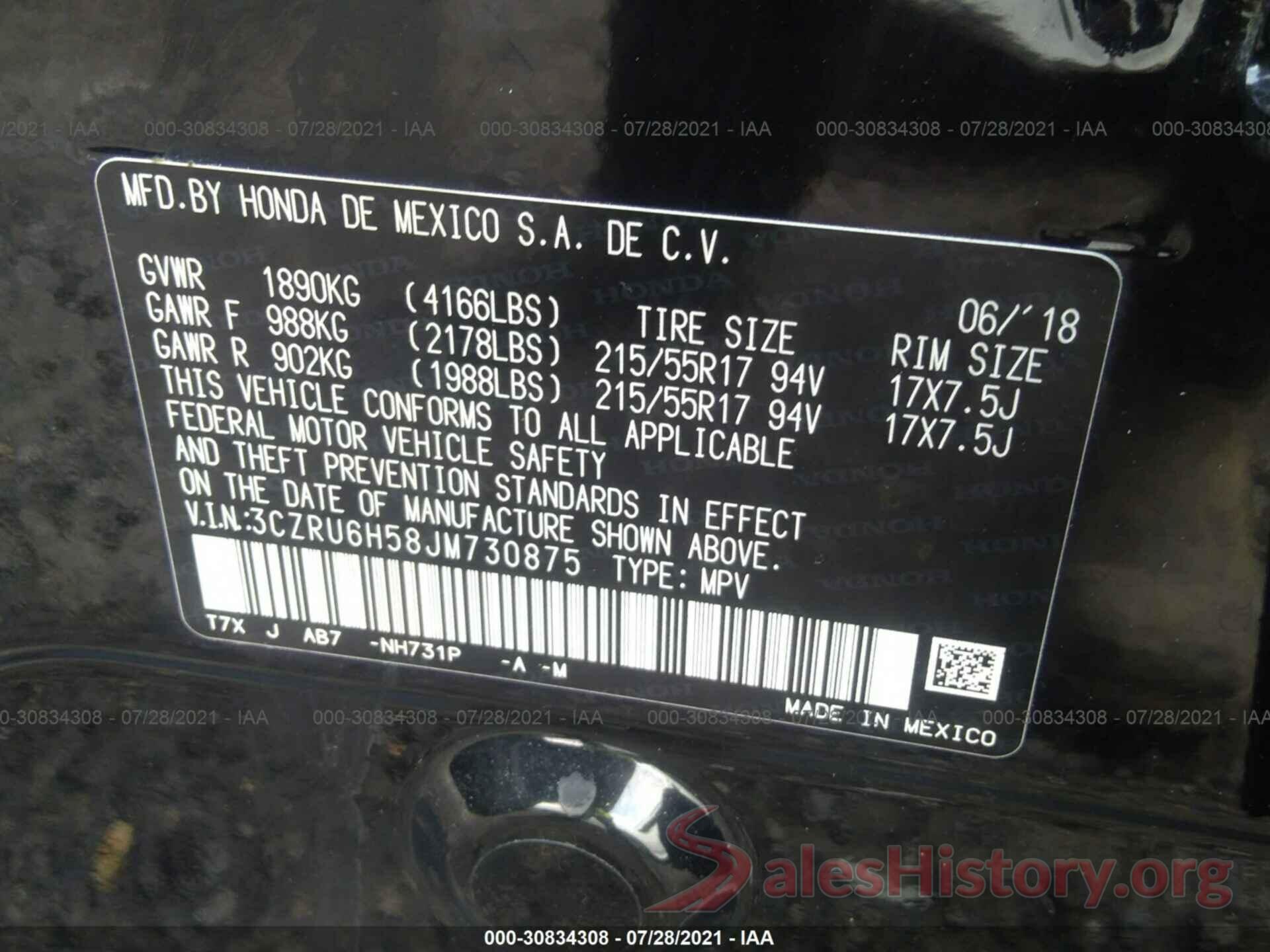 3CZRU6H58JM730875 2018 HONDA HR-V