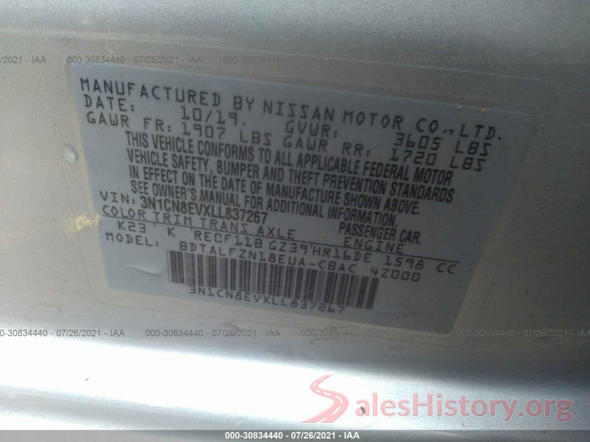 3N1CN8EVXLL837267 2020 NISSAN VERSA