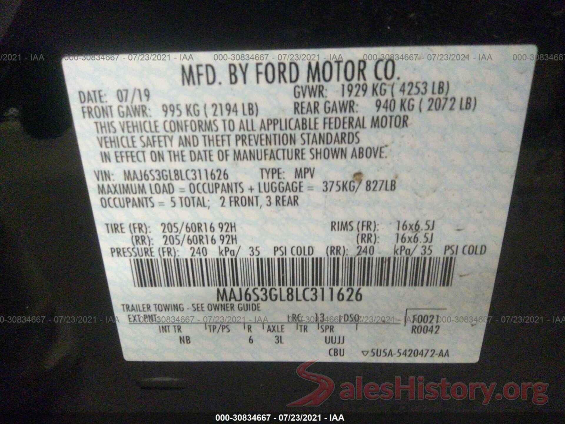 MAJ6S3GL8LC311626 2020 FORD ECOSPORT