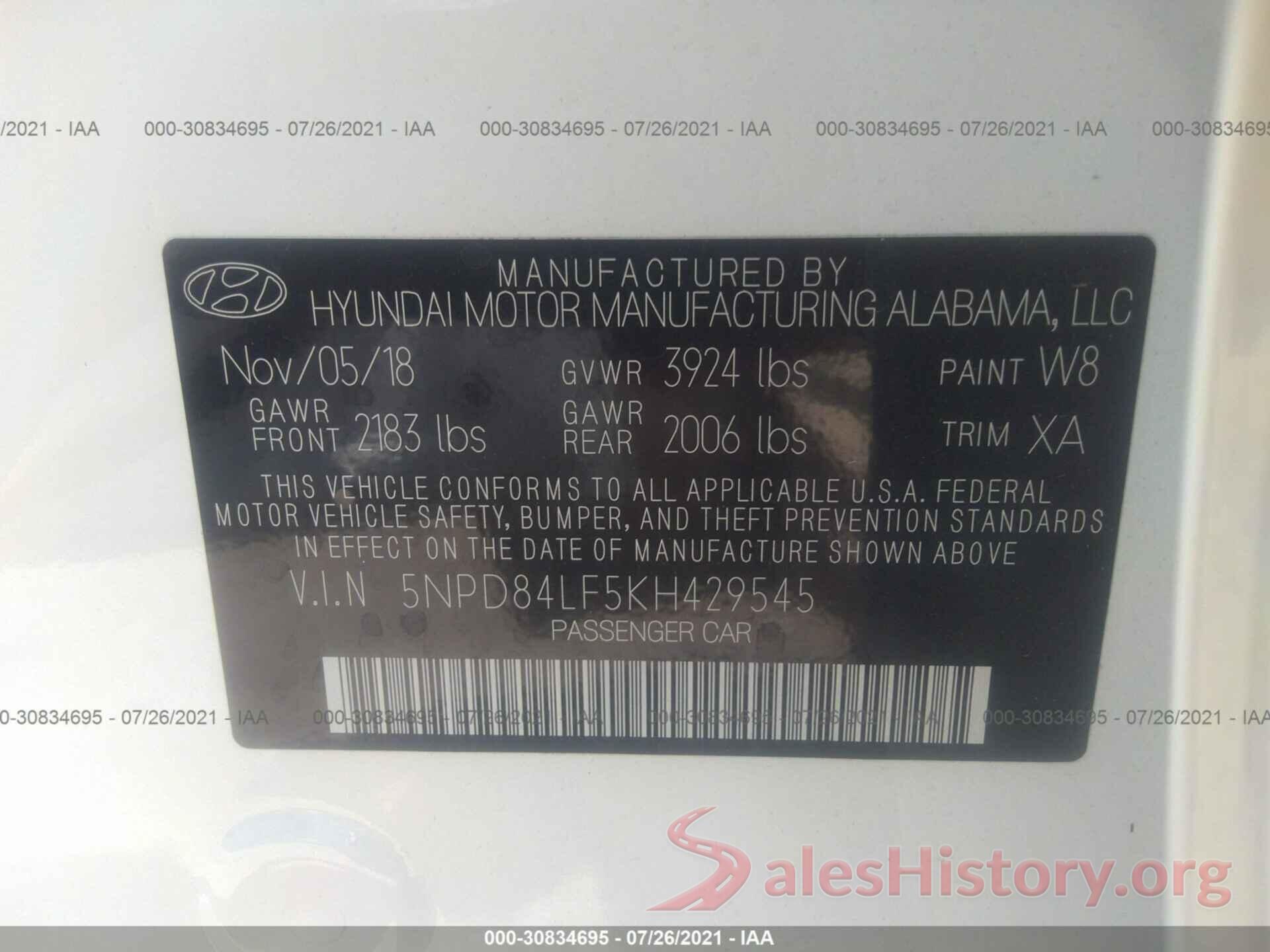 5NPD84LF5KH429545 2019 HYUNDAI ELANTRA