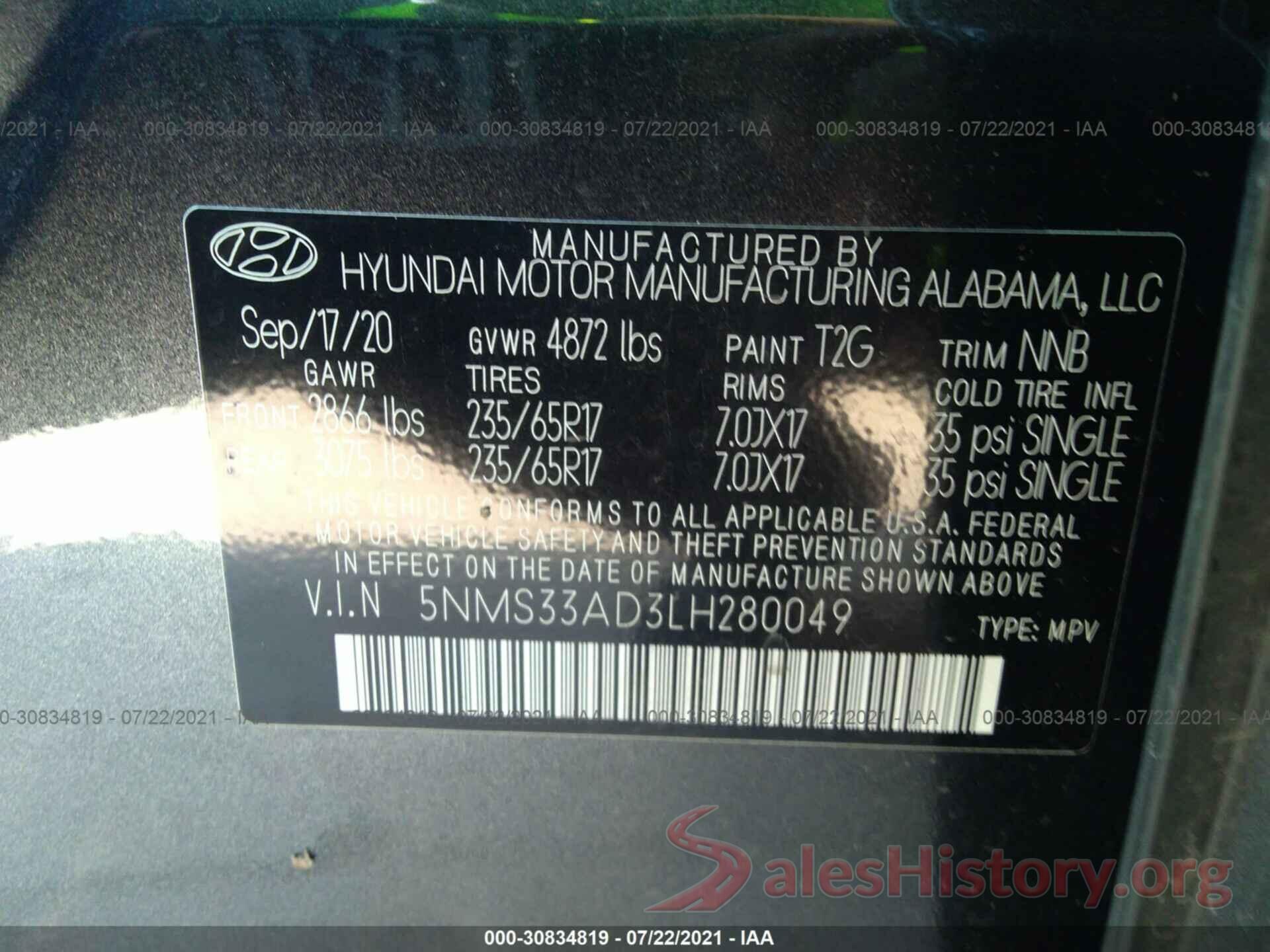 5NMS33AD3LH280049 2020 HYUNDAI SANTA FE