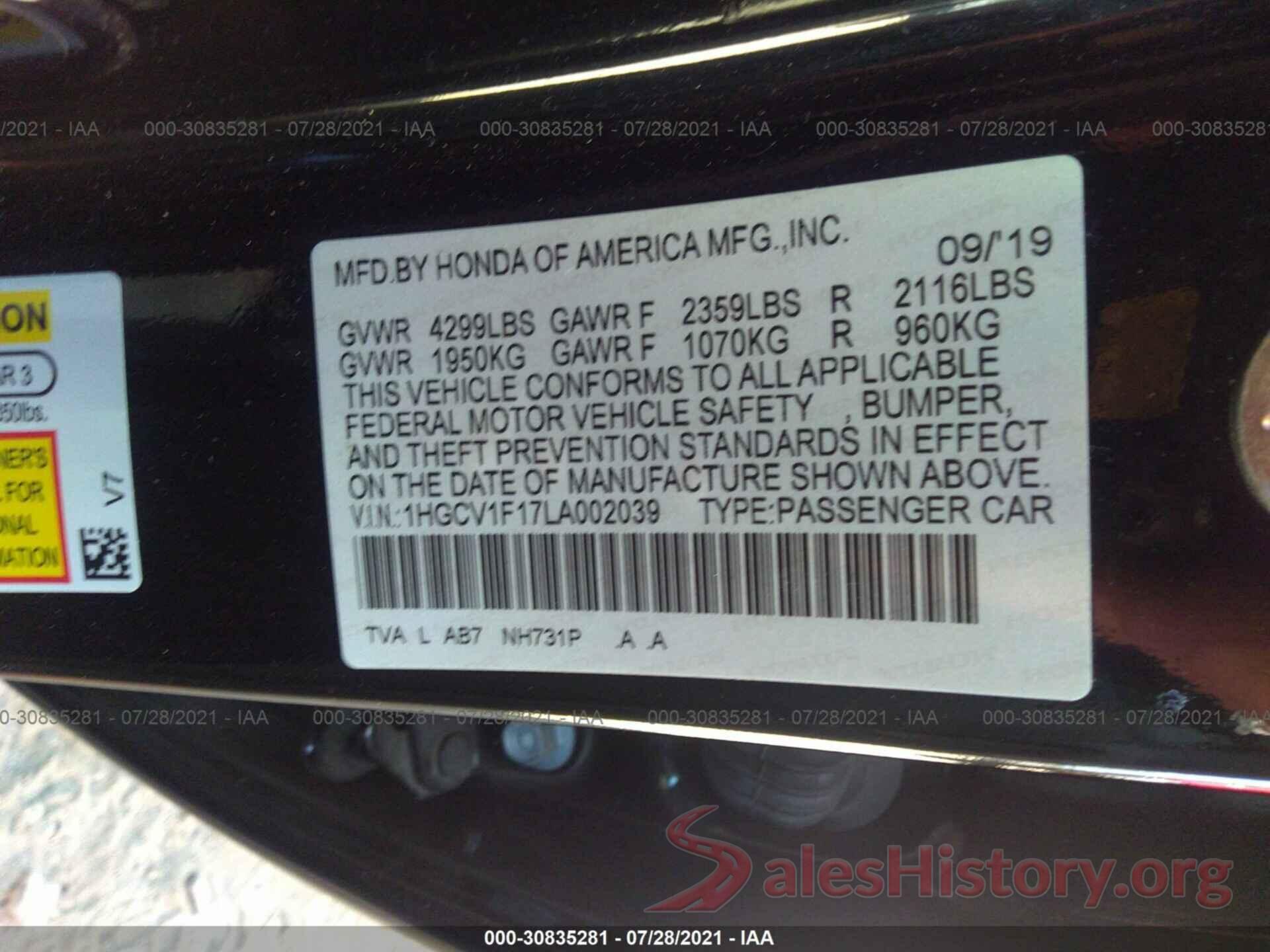 1HGCV1F17LA002039 2020 HONDA ACCORD SEDAN