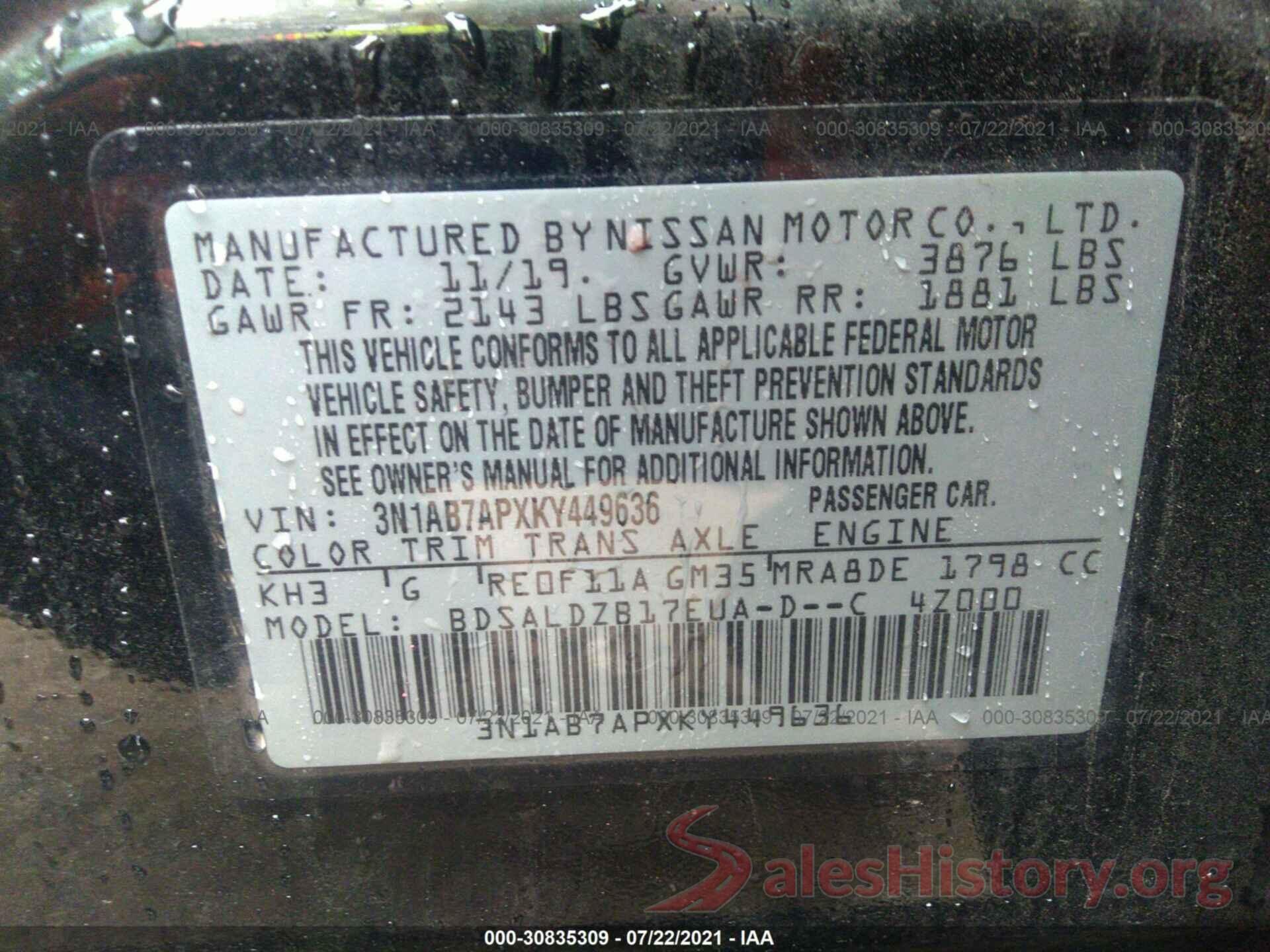 3N1AB7APXKY449636 2019 NISSAN SENTRA