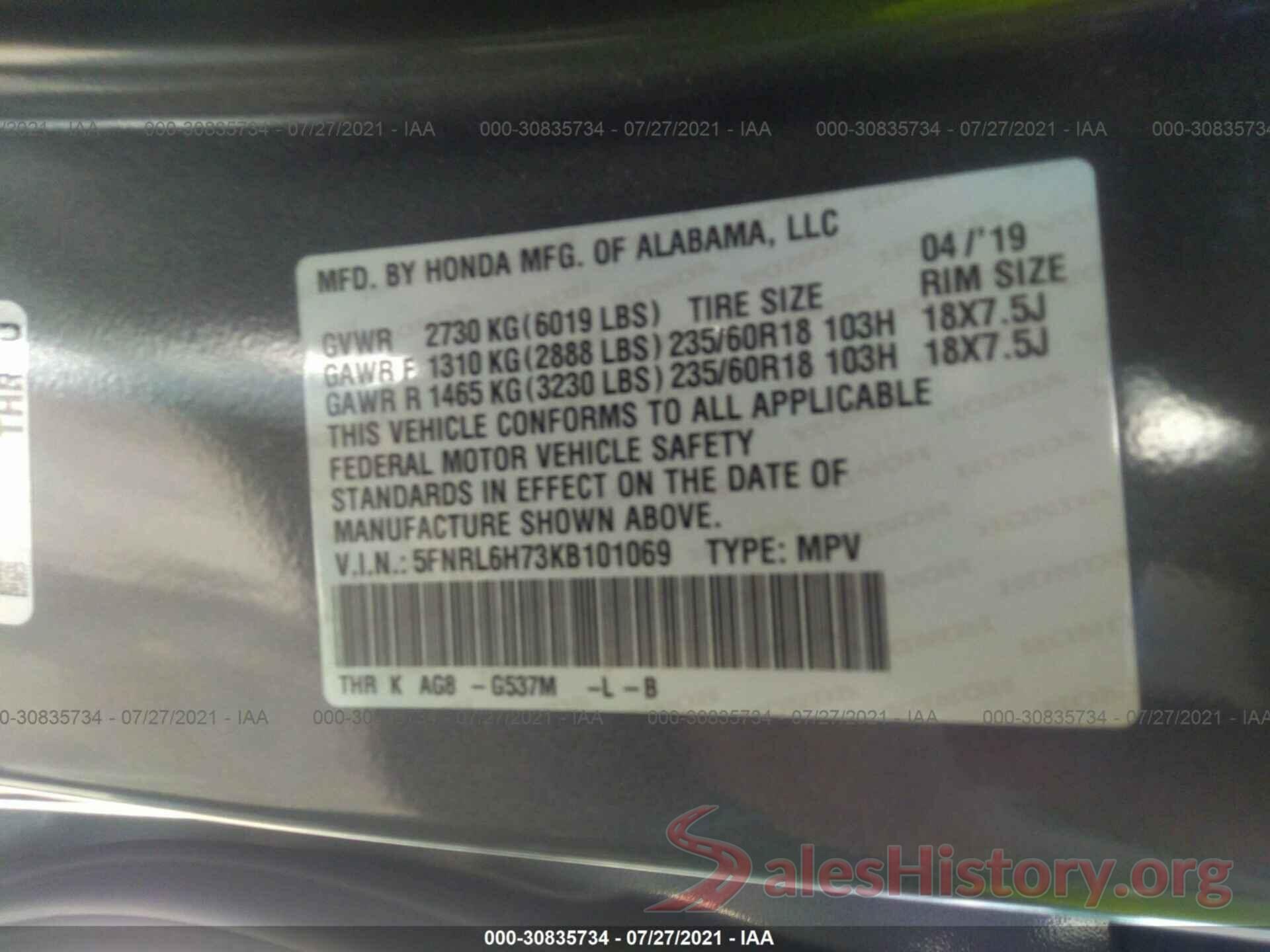 5FNRL6H73KB101069 2019 HONDA ODYSSEY