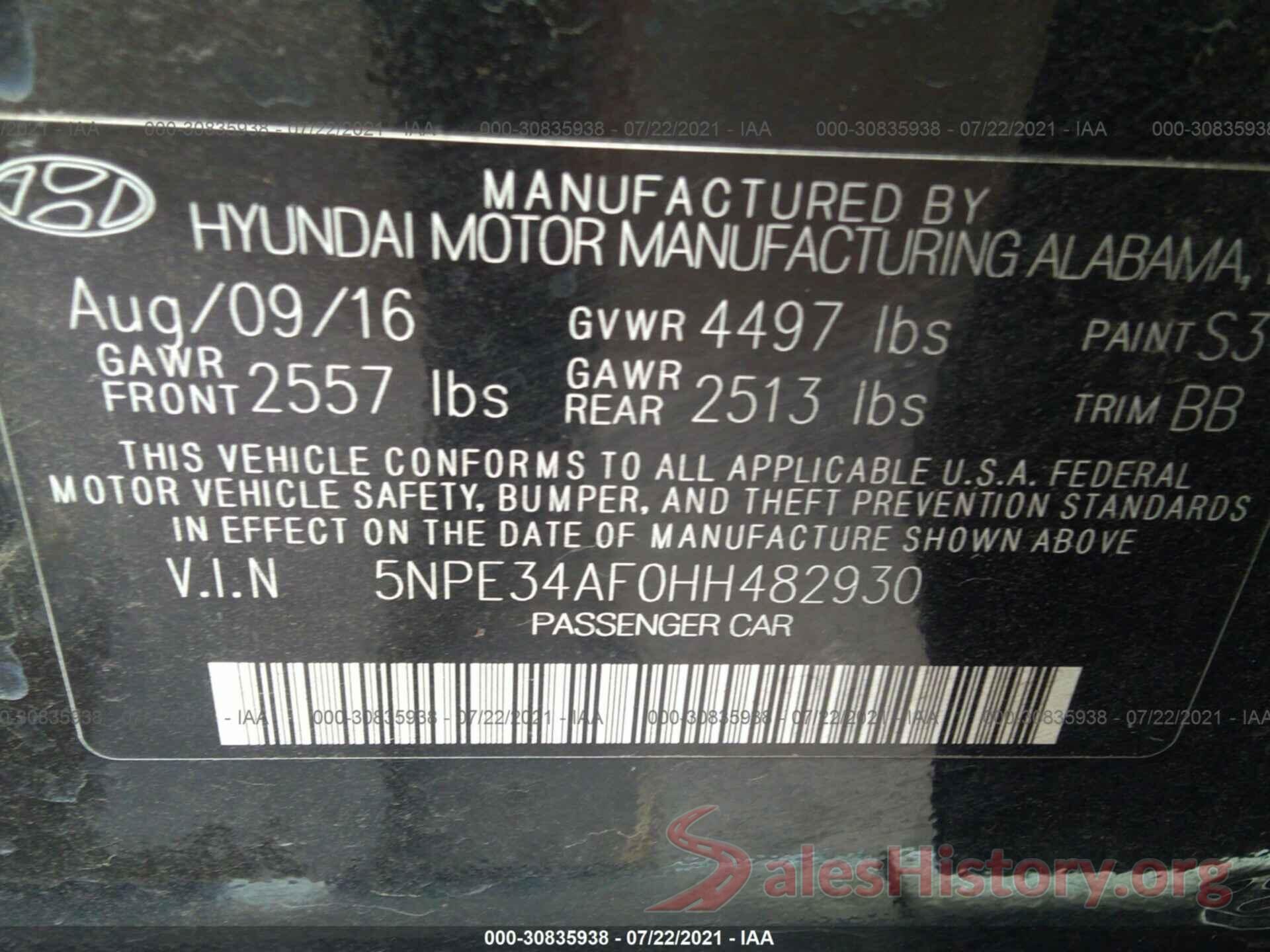 5NPE34AF0HH482930 2017 HYUNDAI SONATA