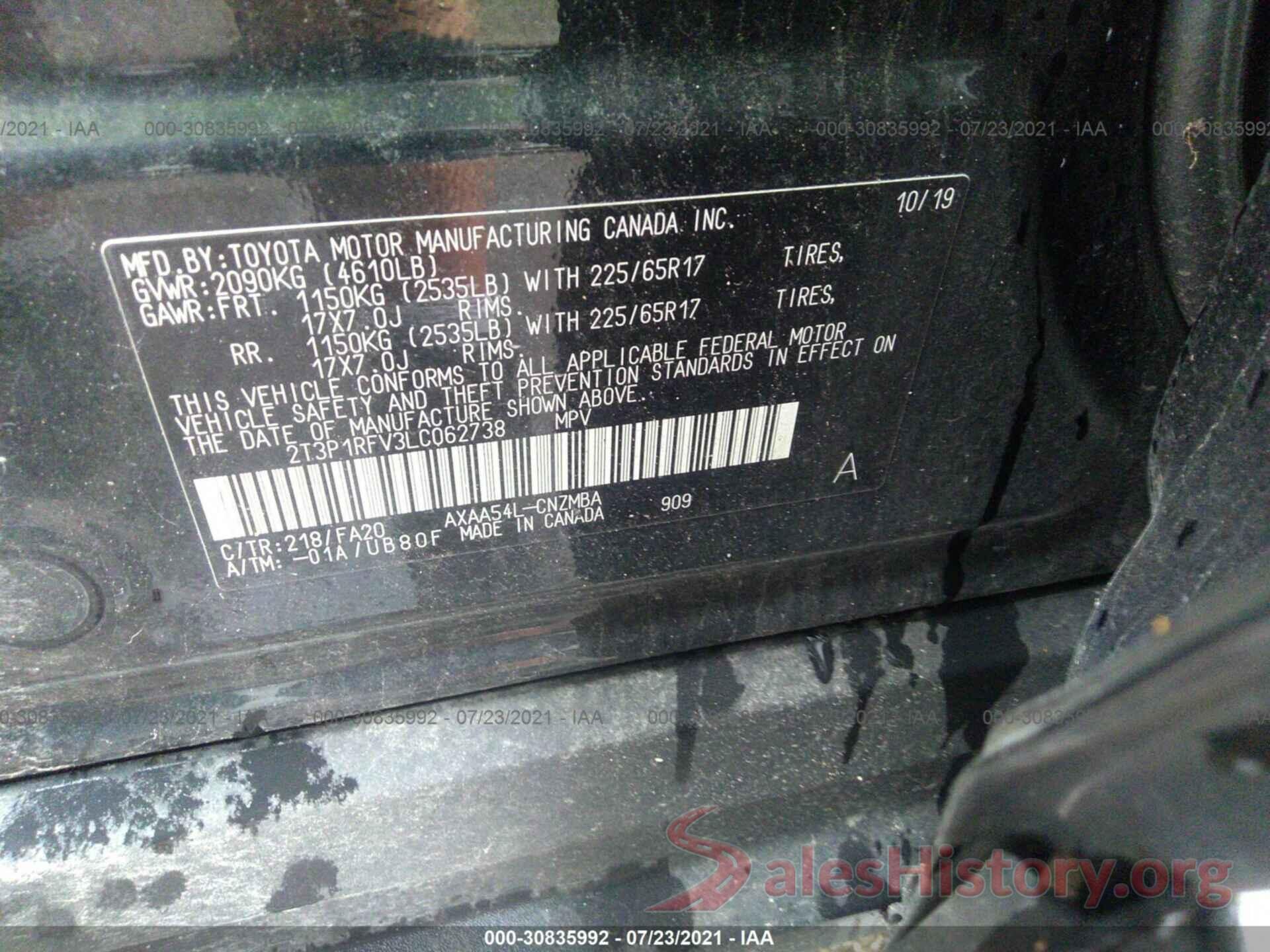 2T3P1RFV3LC062738 2020 TOYOTA RAV4