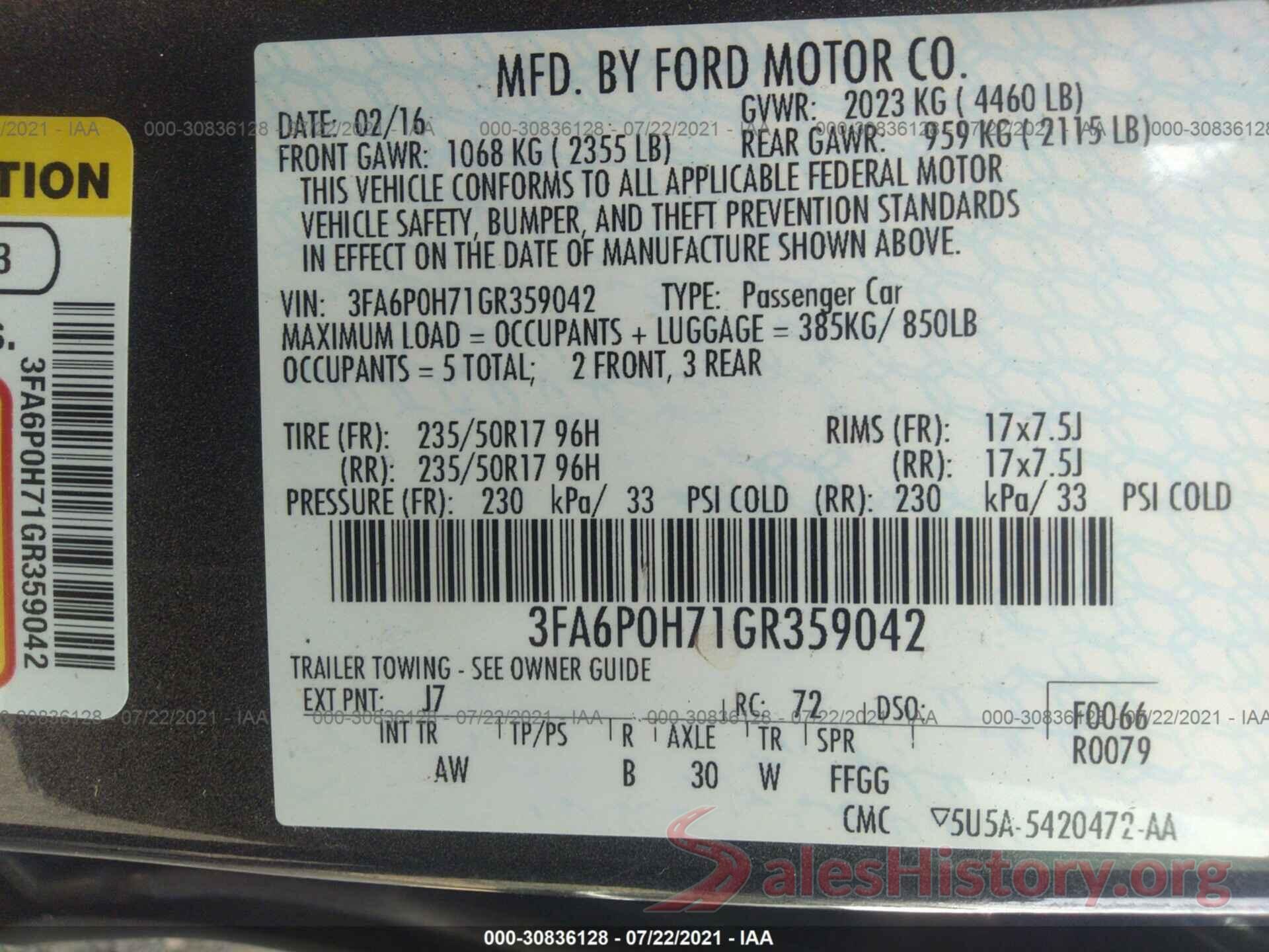 3FA6P0H71GR359042 2016 FORD FUSION