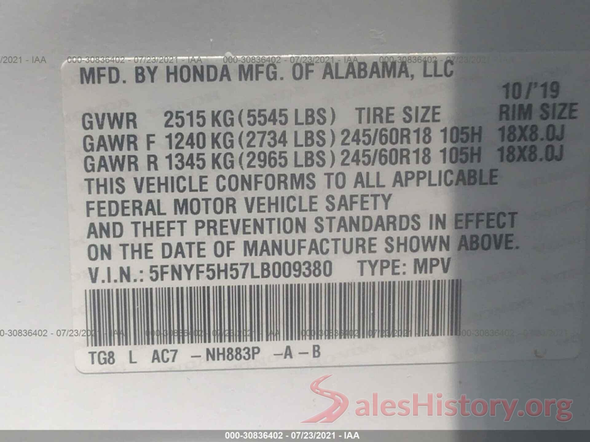 5FNYF5H57LB009380 2020 HONDA PILOT