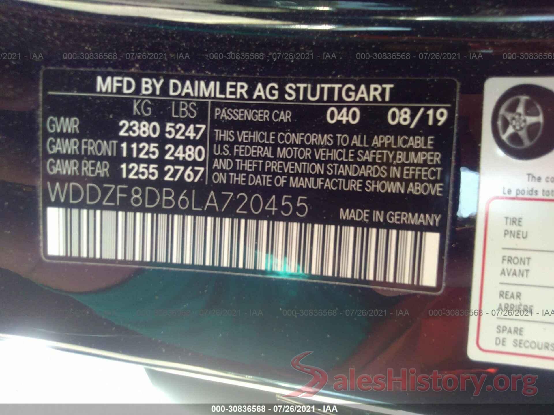 WDDZF8DB6LA720455 2020 MERCEDES-BENZ E-CLASS