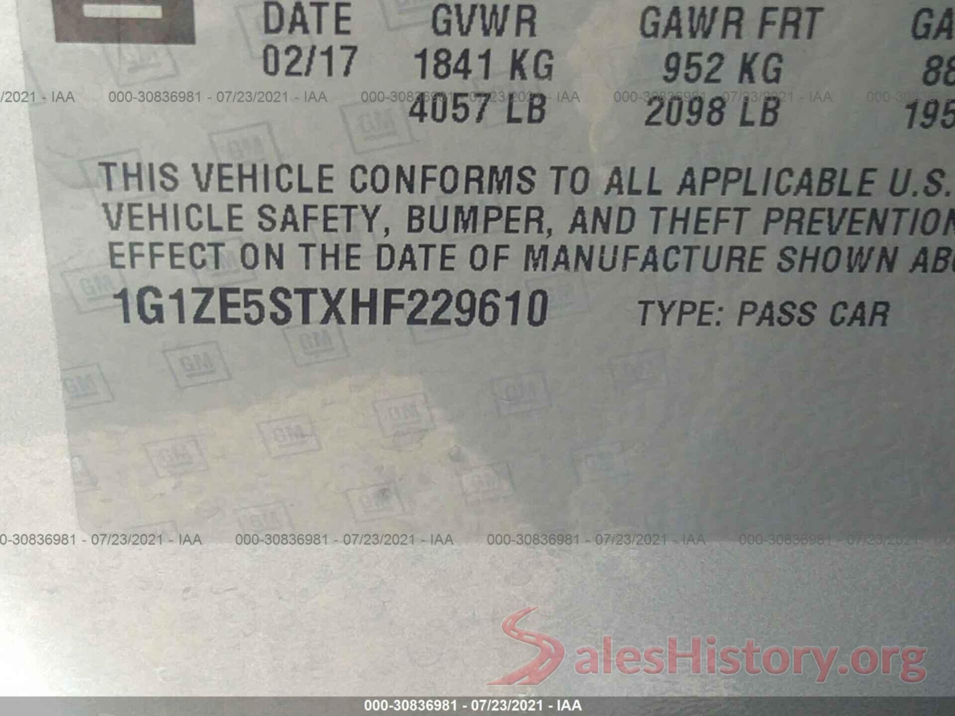 1G1ZE5STXHF229610 2017 CHEVROLET MALIBU