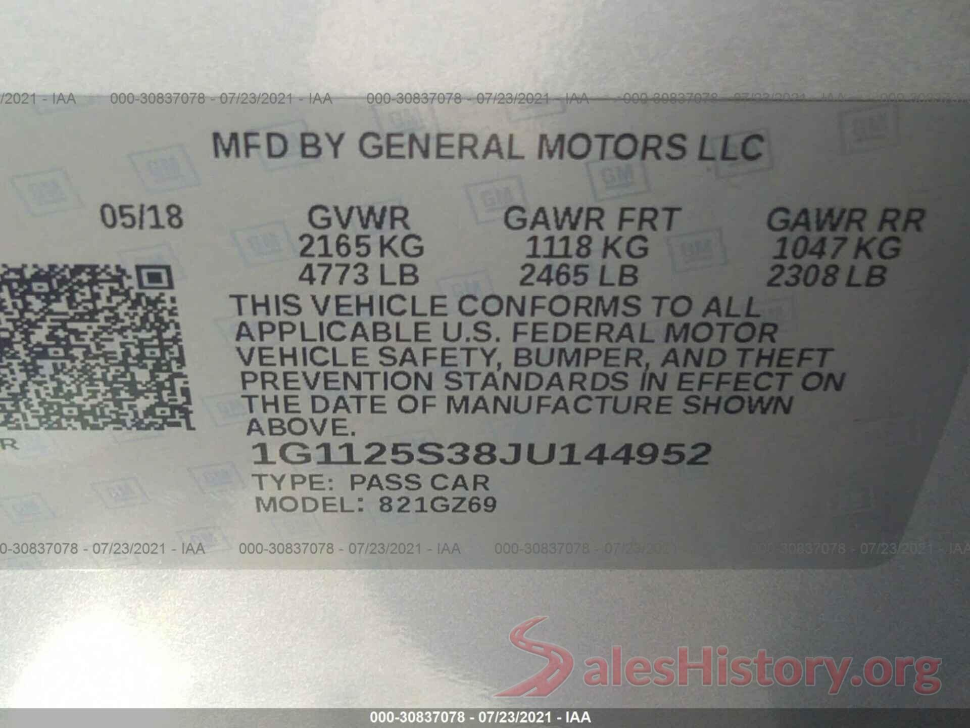 1G1125S38JU144952 2018 CHEVROLET IMPALA