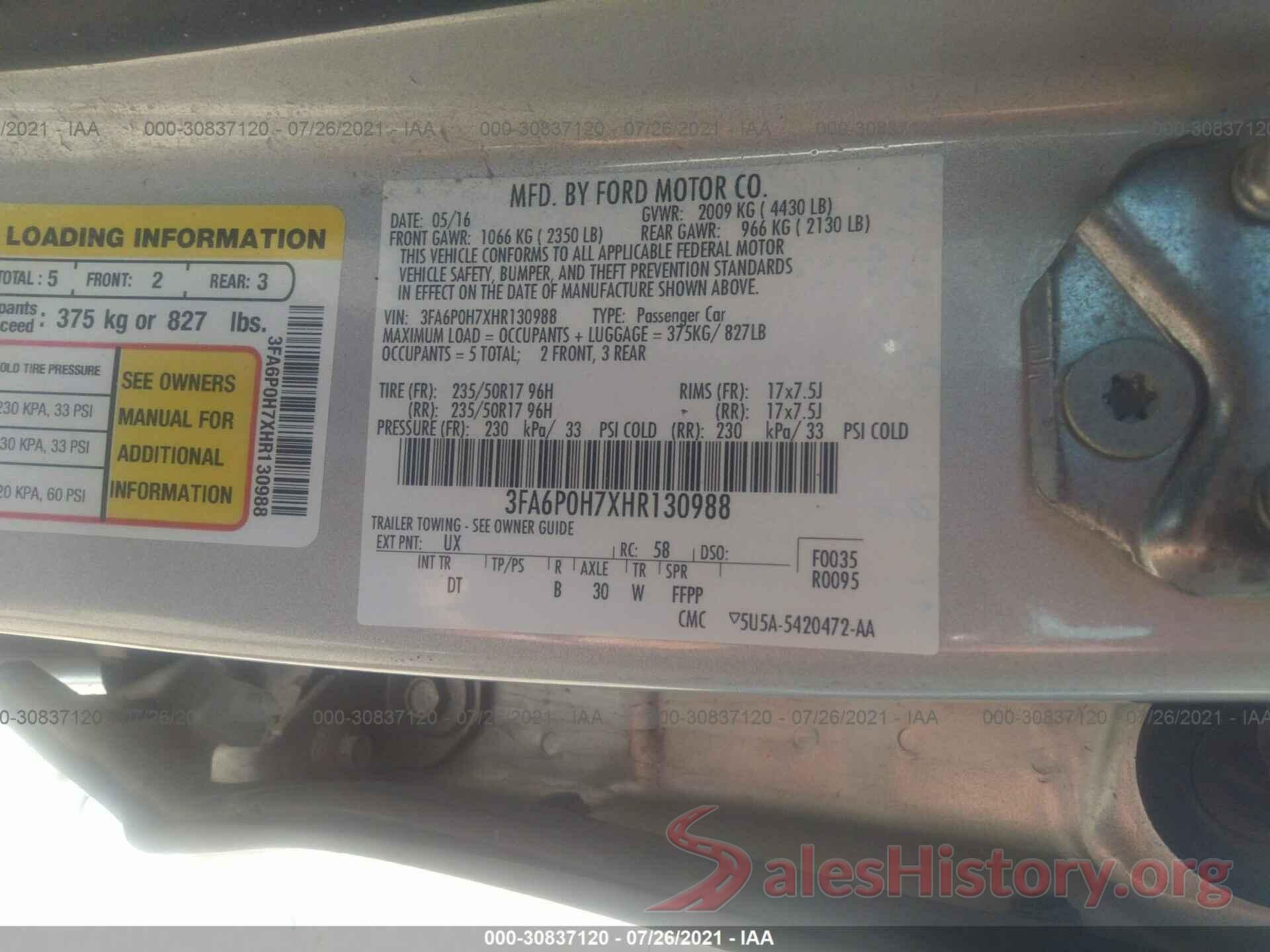 3FA6P0H7XHR130988 2017 FORD FUSION