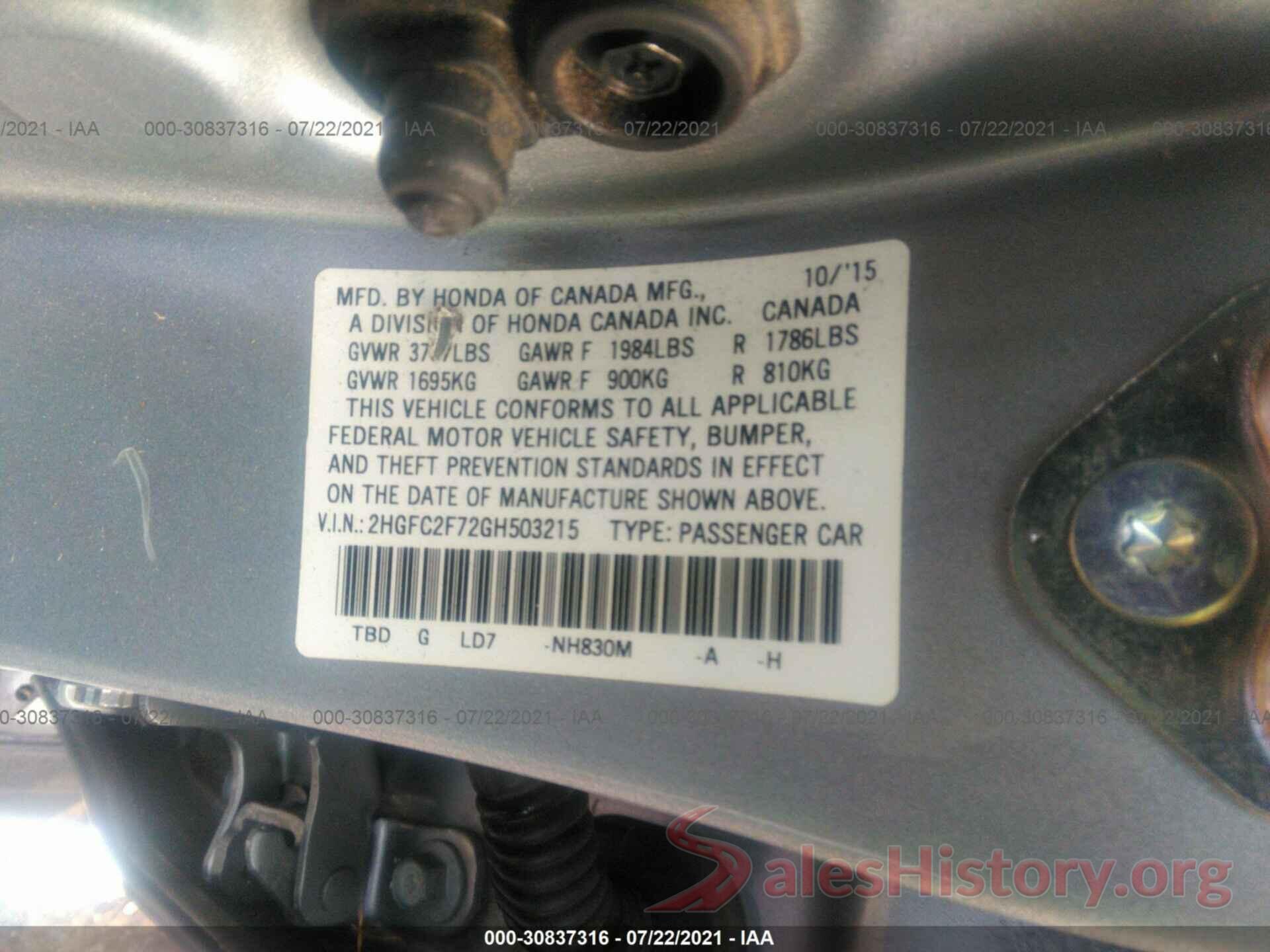 2HGFC2F72GH503215 2016 HONDA CIVIC SEDAN