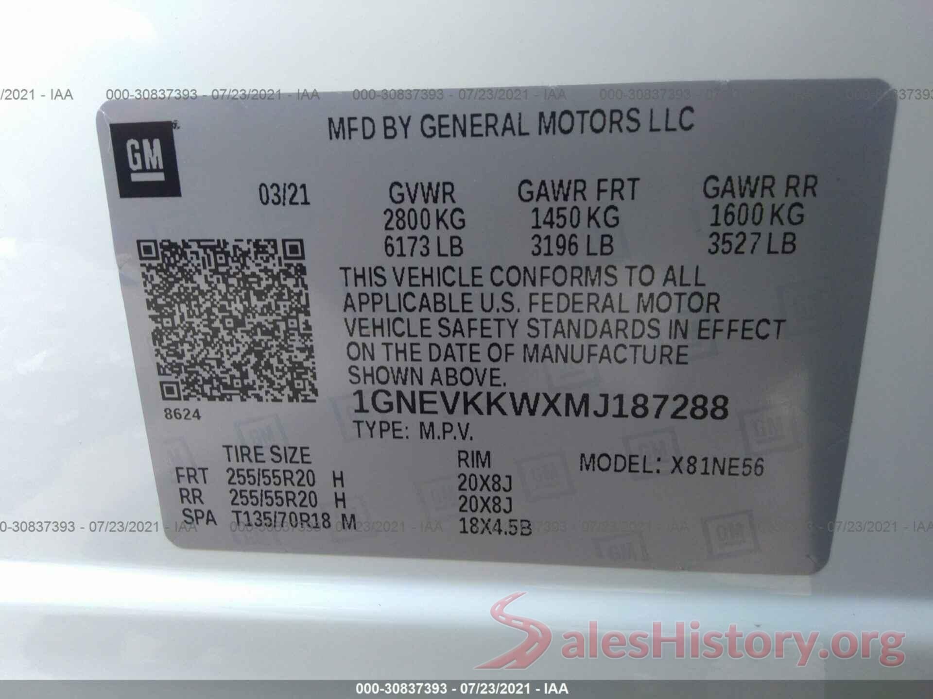 1GNEVKKWXMJ187288 2021 CHEVROLET TRAVERSE