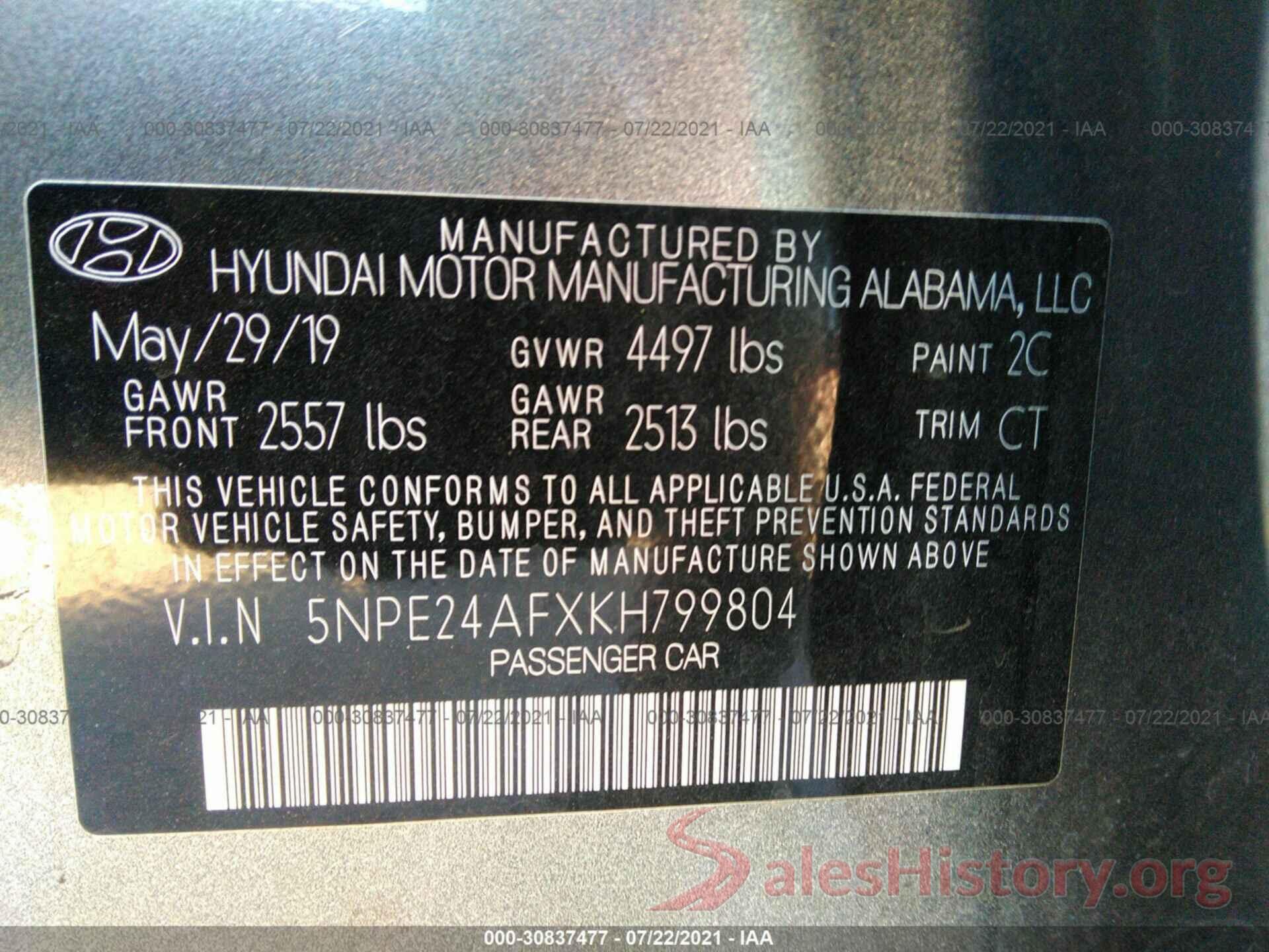 5NPE24AFXKH799804 2019 HYUNDAI SONATA