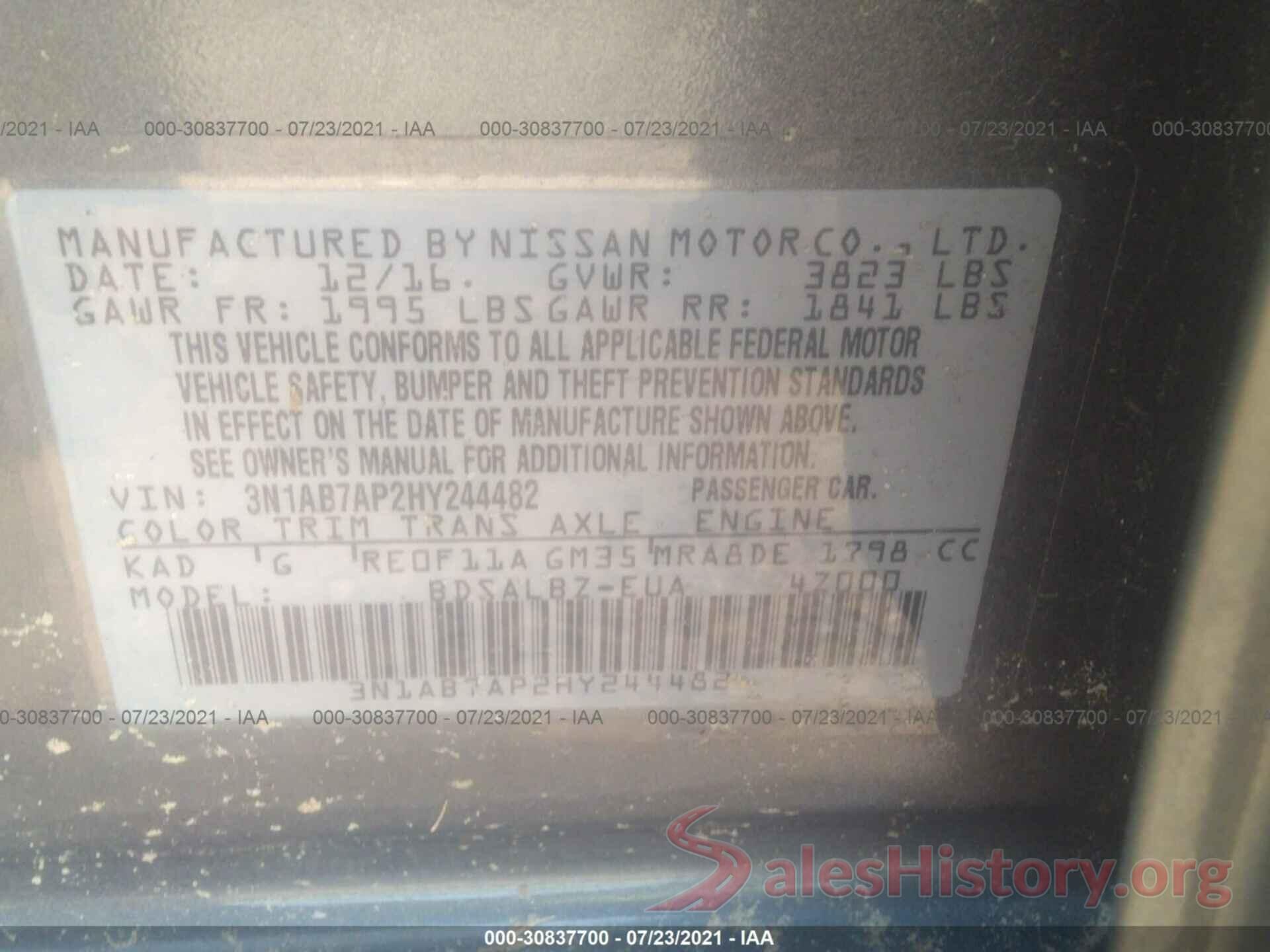 3N1AB7AP2HY244482 2017 NISSAN SENTRA